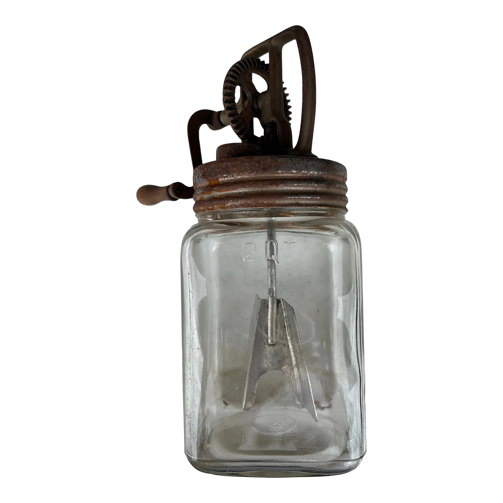 Antique Butter Churn Jar With Wooden Handle: Antique butter turner. Glass jar with no. 560 and Atlas glass mark. Metal screw top with gears and wooden handle. Condition: Alterations: Original Condition Unaltered Imperfections: Some