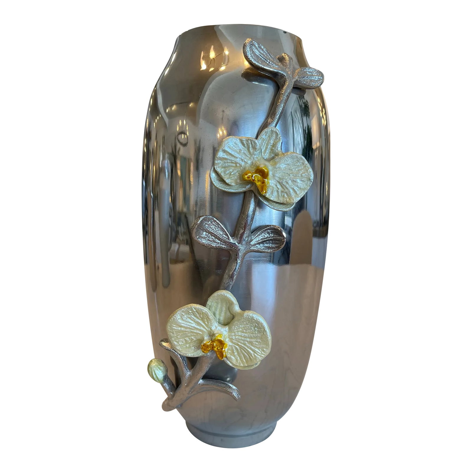Stainless Steel Orchid Vase: Enhance your space with this stunning vase, elegantly adorned with a graceful orchid branch motif. This piece combines timeless beauty with a touch of natural elegance, making it a perfect addition