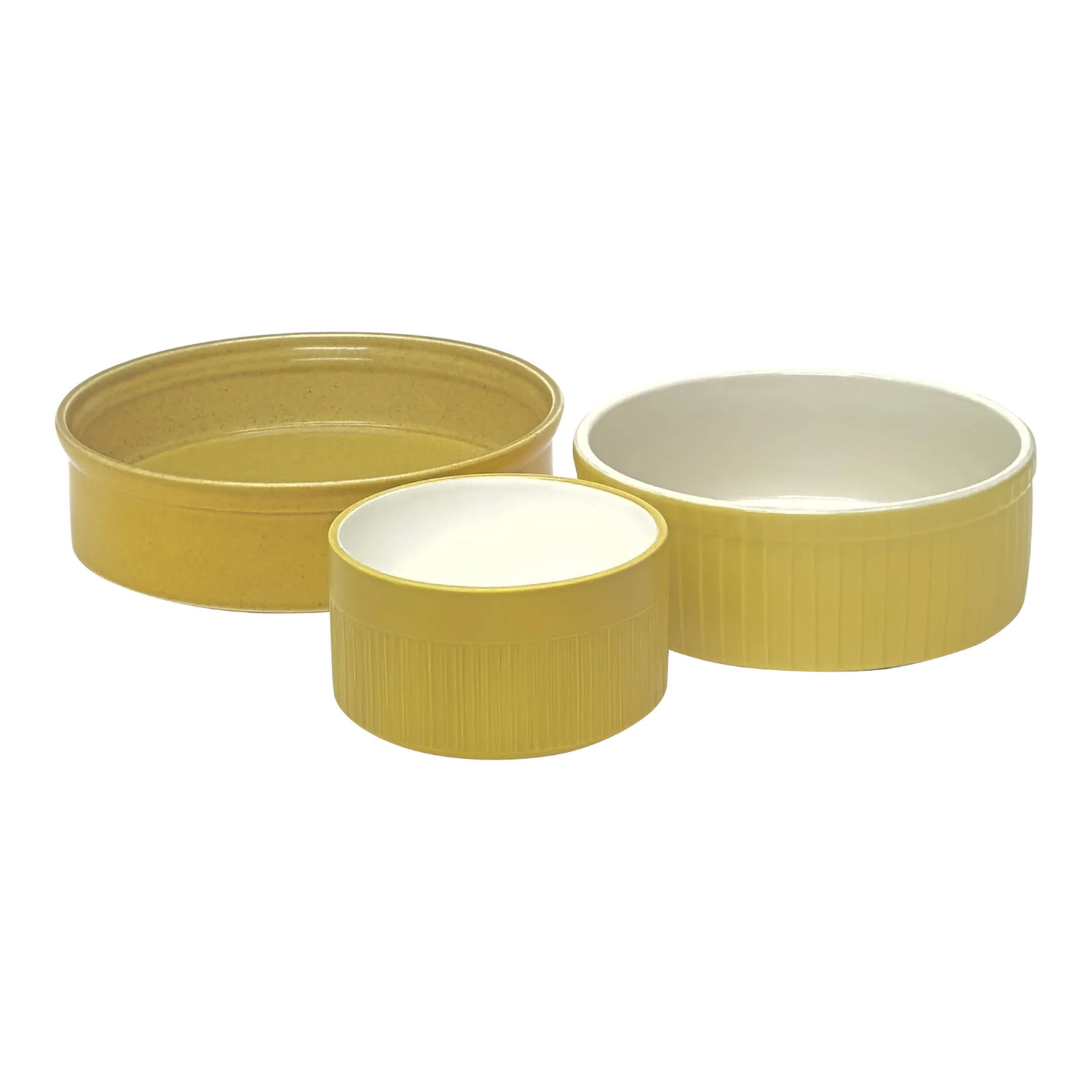 Vintage Mustard-Colored Baking Dish Curation - Group of 3: Mustard yellow ceramic dishes, group of 3. A group of mustard yellow and white ceramic baking dishes from the mid-20th century, in a variety of shapes and sizes. Featuring a piece by Mikasa. Largest: