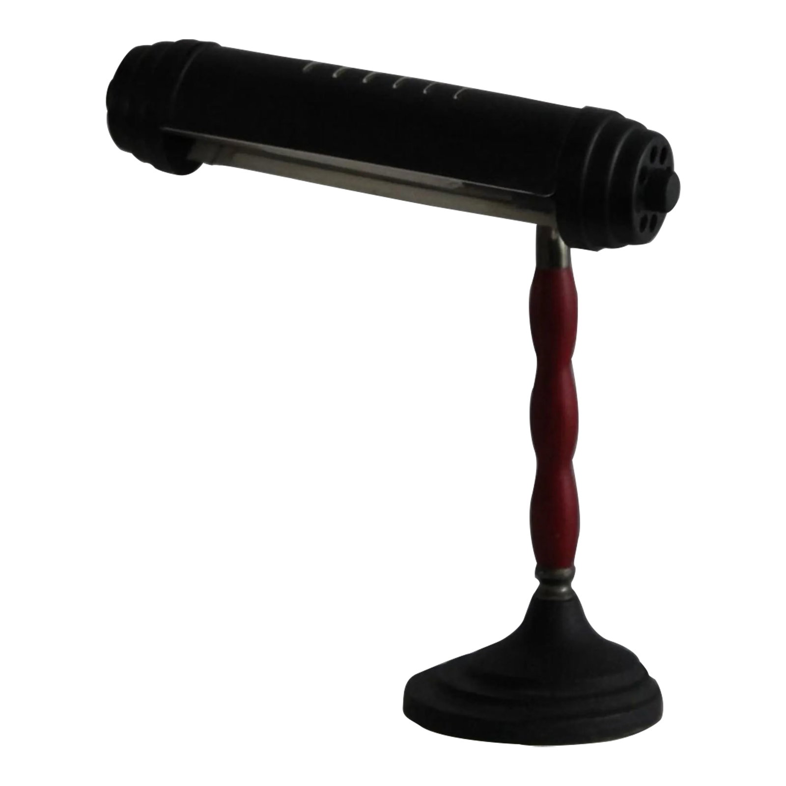 1940s Art Deco Piano/Desk Lamp: Art Deco (Machine age) Piano/desk lamp. Sleek design consisting of cast step base, cherry wood fitting, charcoal gray enameled shade. Adjustable neck with an 8 inch reach. Dimensions Are 16 inches