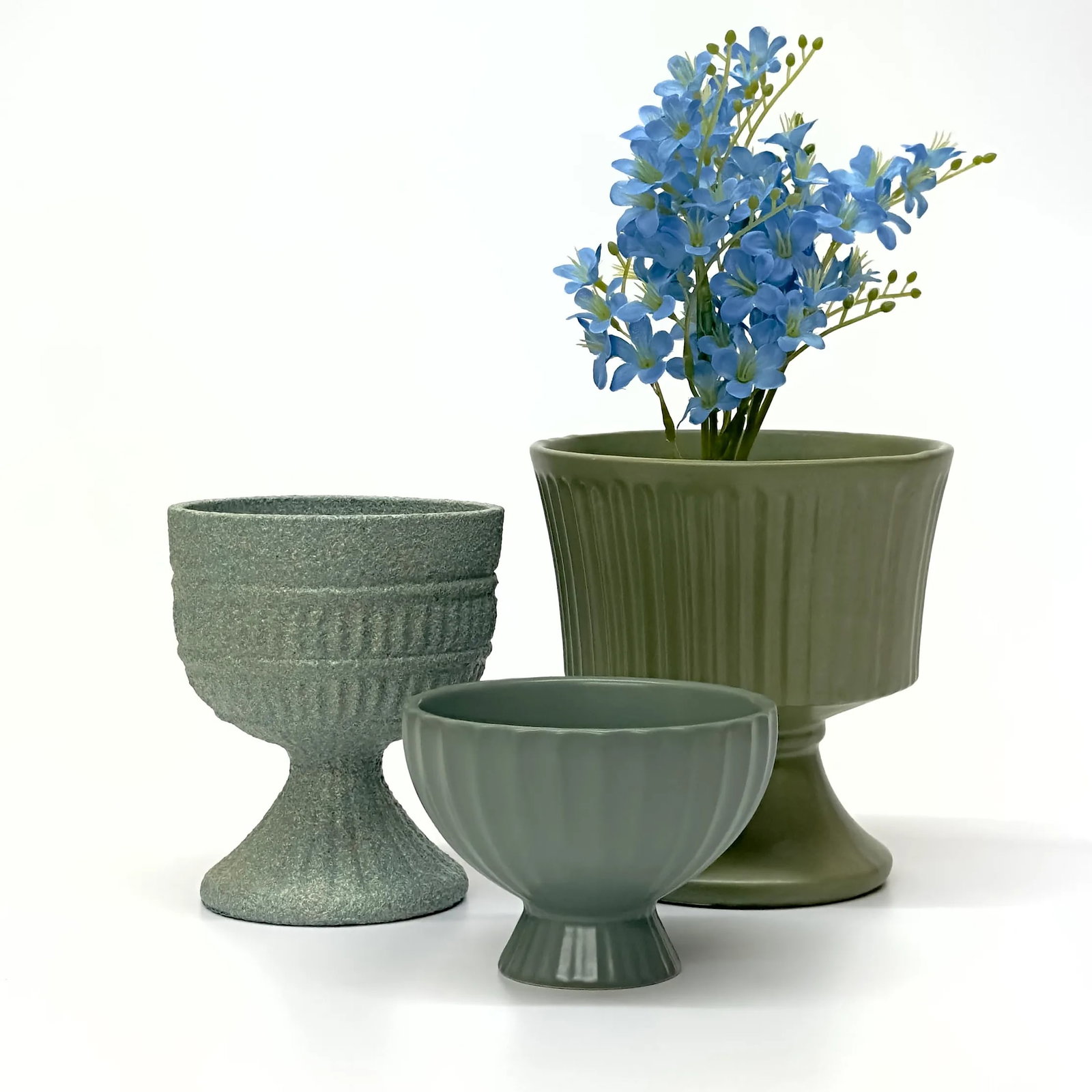Olive Green Matte Ceramic Stemmed Planter Curation - Group of 3 - 2