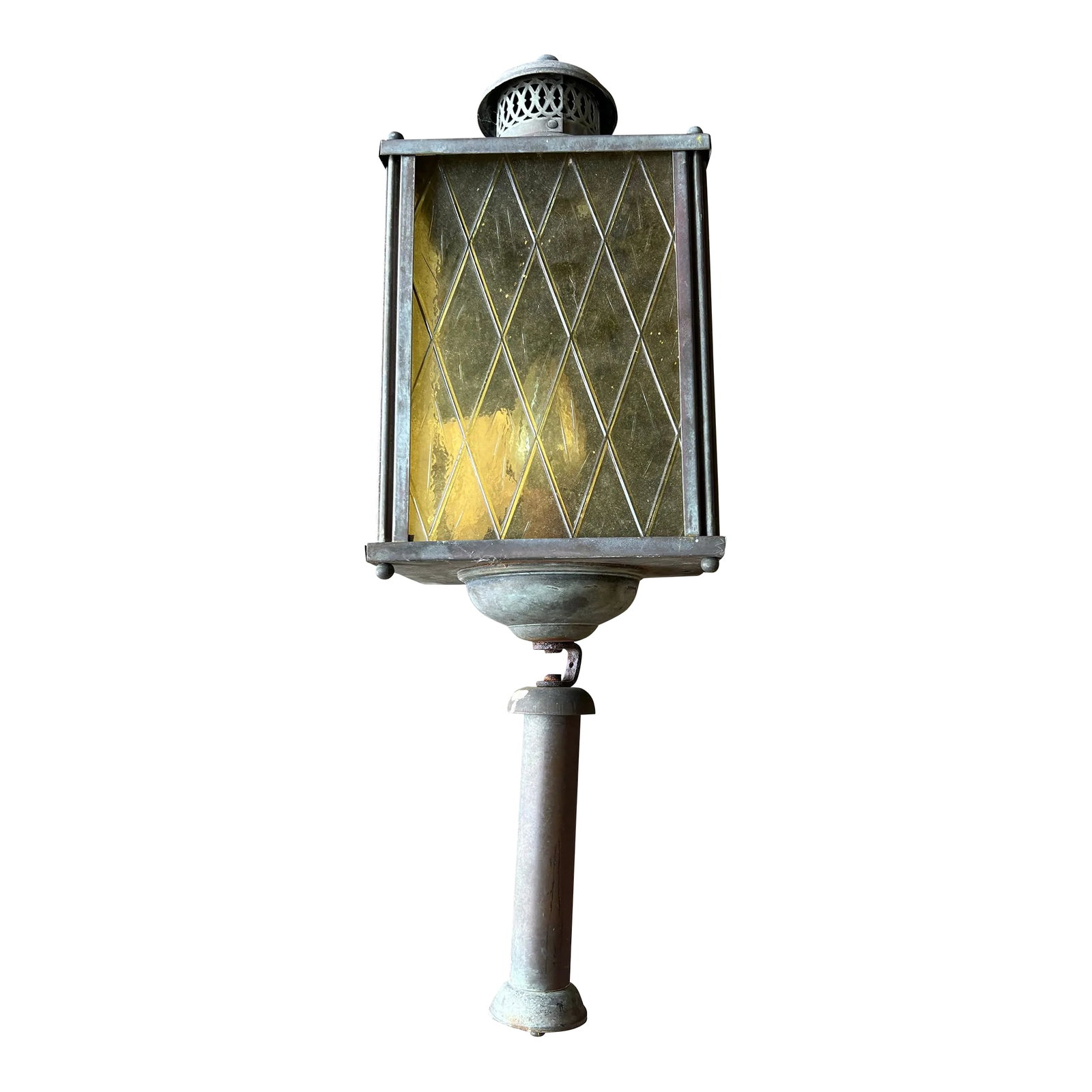 1940s Carriage Lamp With Harlequin Yellow Glass: 1940s Outdoor Carriage Light. This electric wired wall mount light has 3 panels of harlequin patterned glass. Condition: Alterations: Original Condition Unaltered Imperfections: Some Imperfections Con