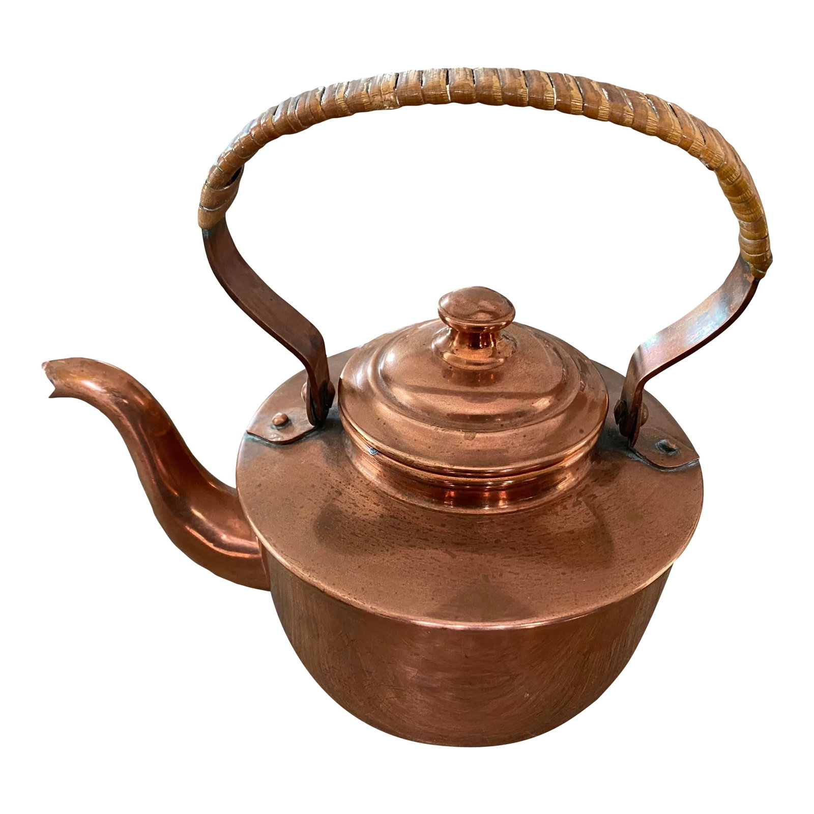 Antique Copper Tea Kettle With Rattan Handle, Made in Norway (1 of 9)
