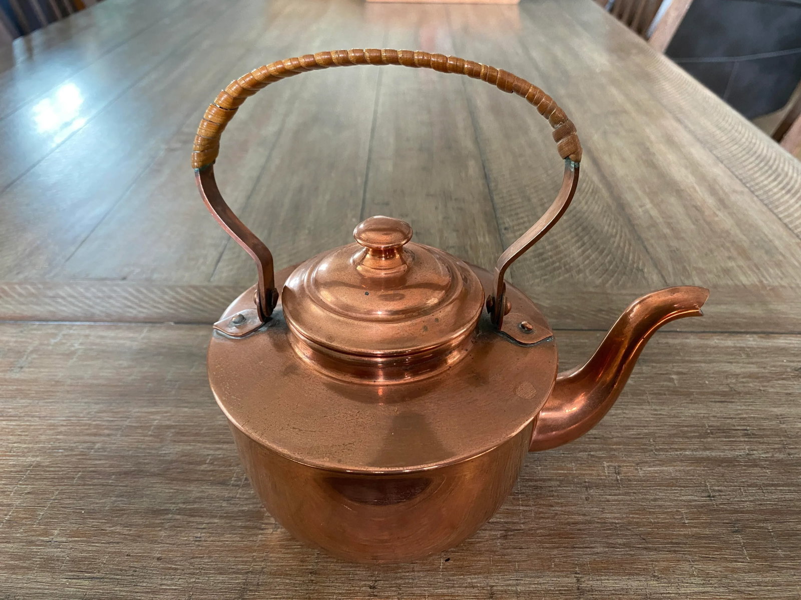 Antique Copper Tea Kettle With Rattan Handle, Made in Norway - 2