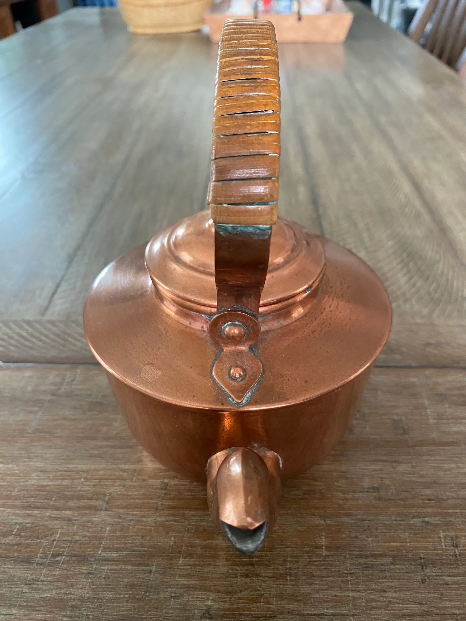 Antique Copper Tea Kettle With Rattan Handle, Made in Norway - 4