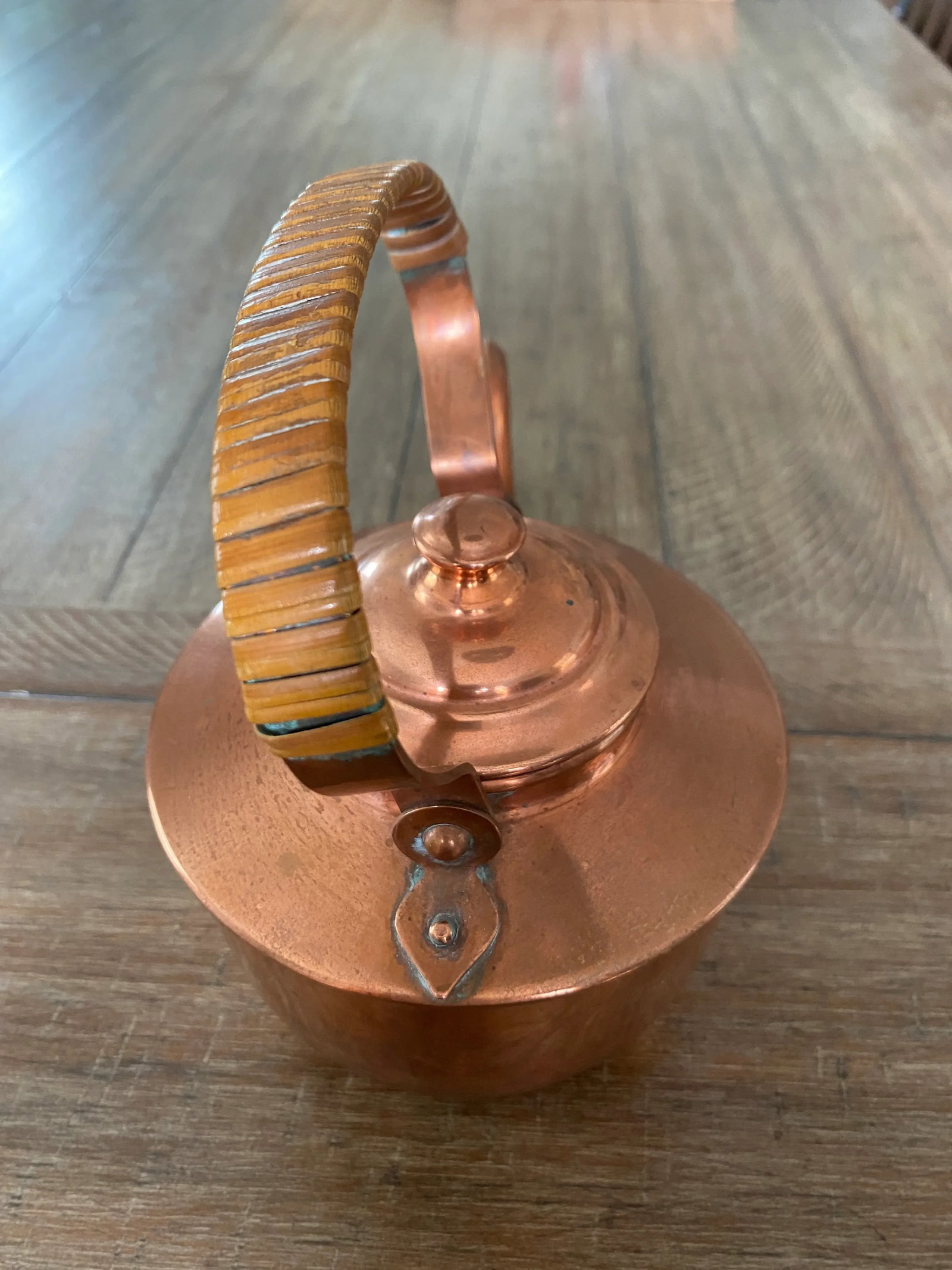 Antique Copper Tea Kettle With Rattan Handle, Made in Norway - 5