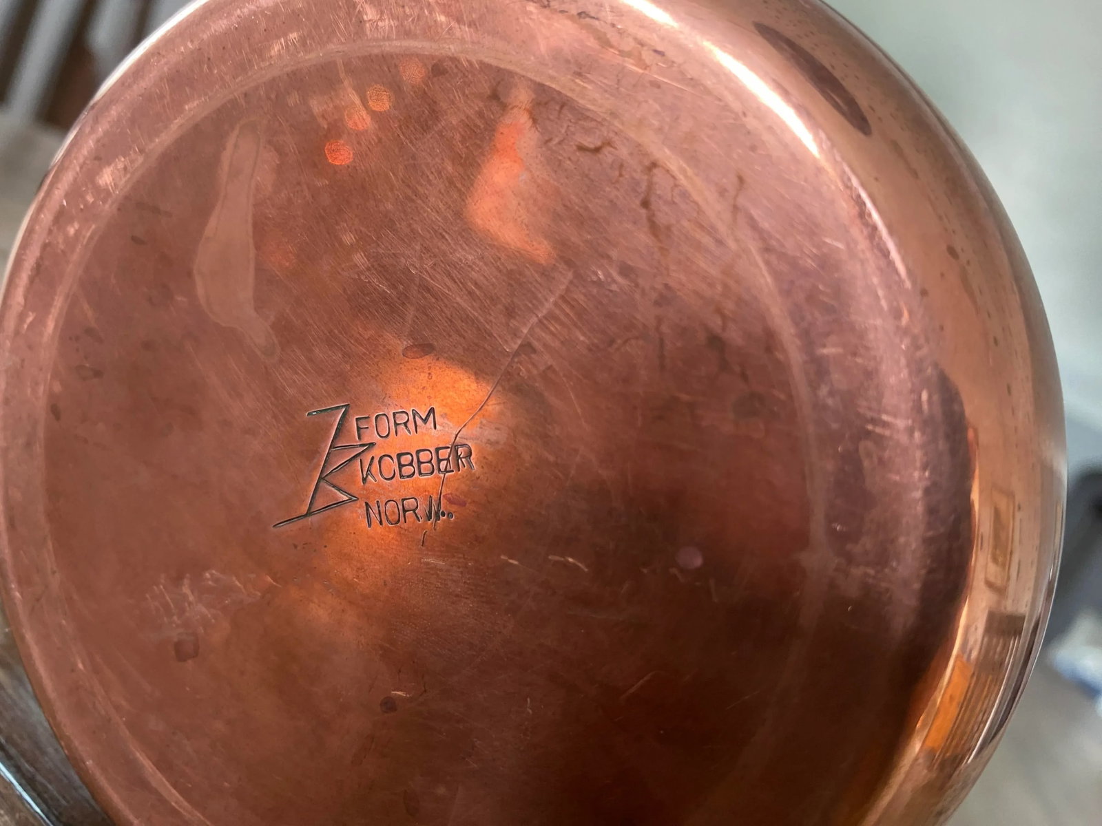 Antique Copper Tea Kettle With Rattan Handle, Made in Norway - 7