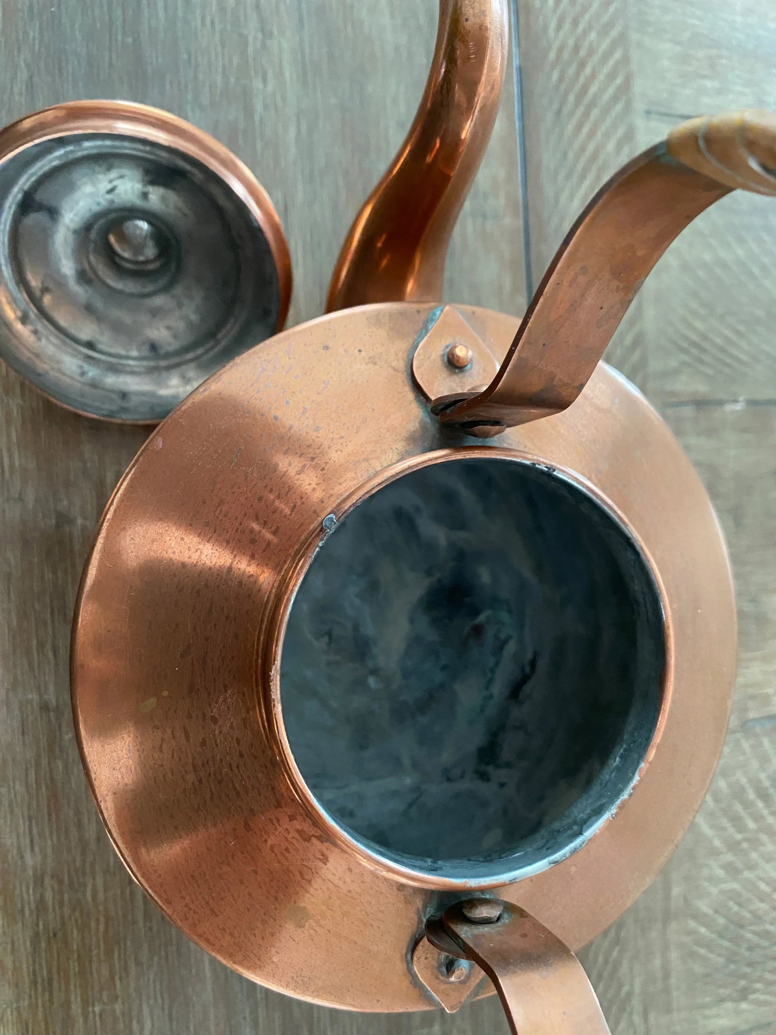 Antique Copper Tea Kettle With Rattan Handle, Made in Norway - 8