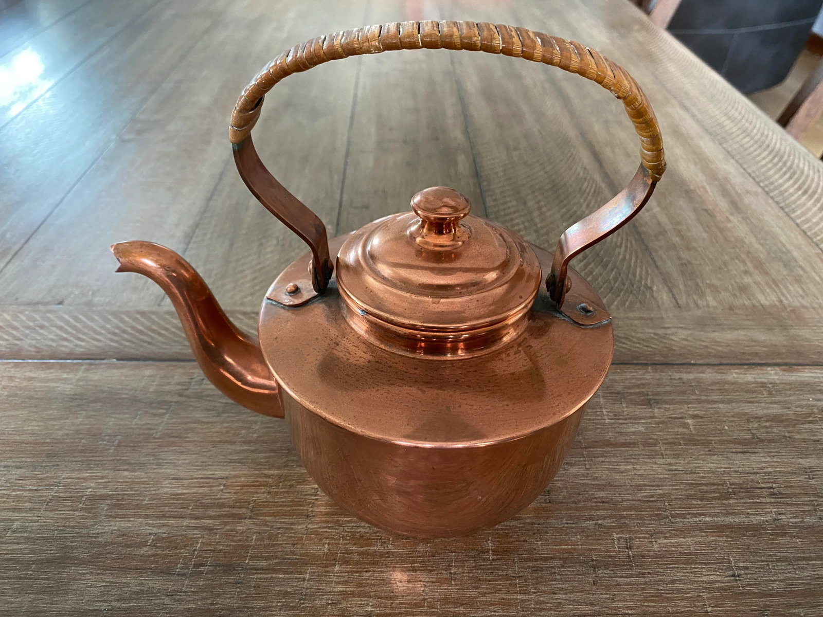Antique Copper Tea Kettle With Rattan Handle, Made in Norway - 9
