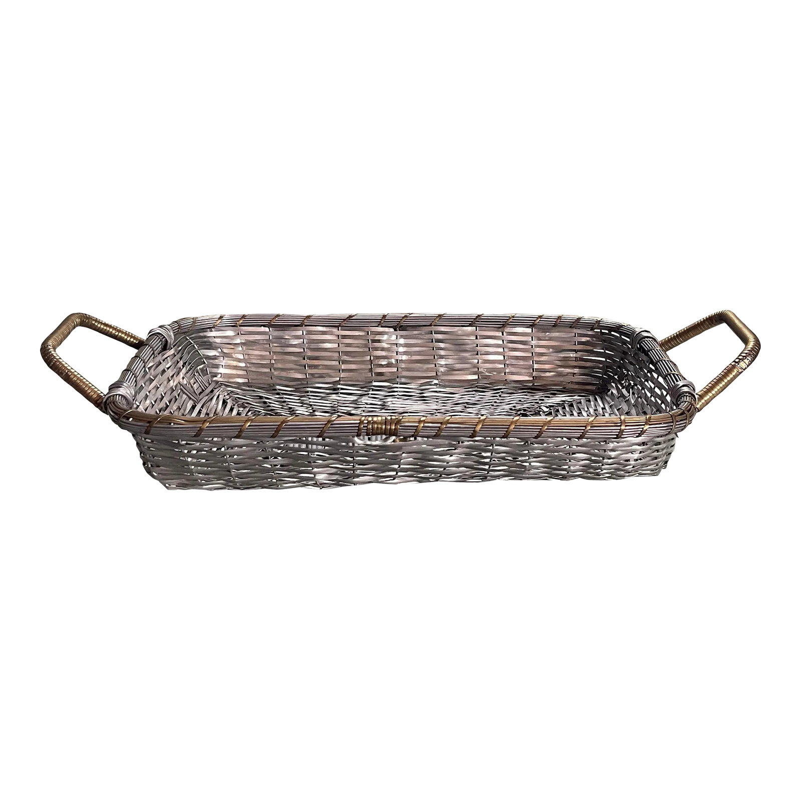 Mid 20th Century Vintage Silver Mesh Woven Basket: A classic metallic long rectangular basket for display or use. Ships within 1-2 days using USPS. All items packed with care. Please contact us with any questions. Arrives within 2-5 business days