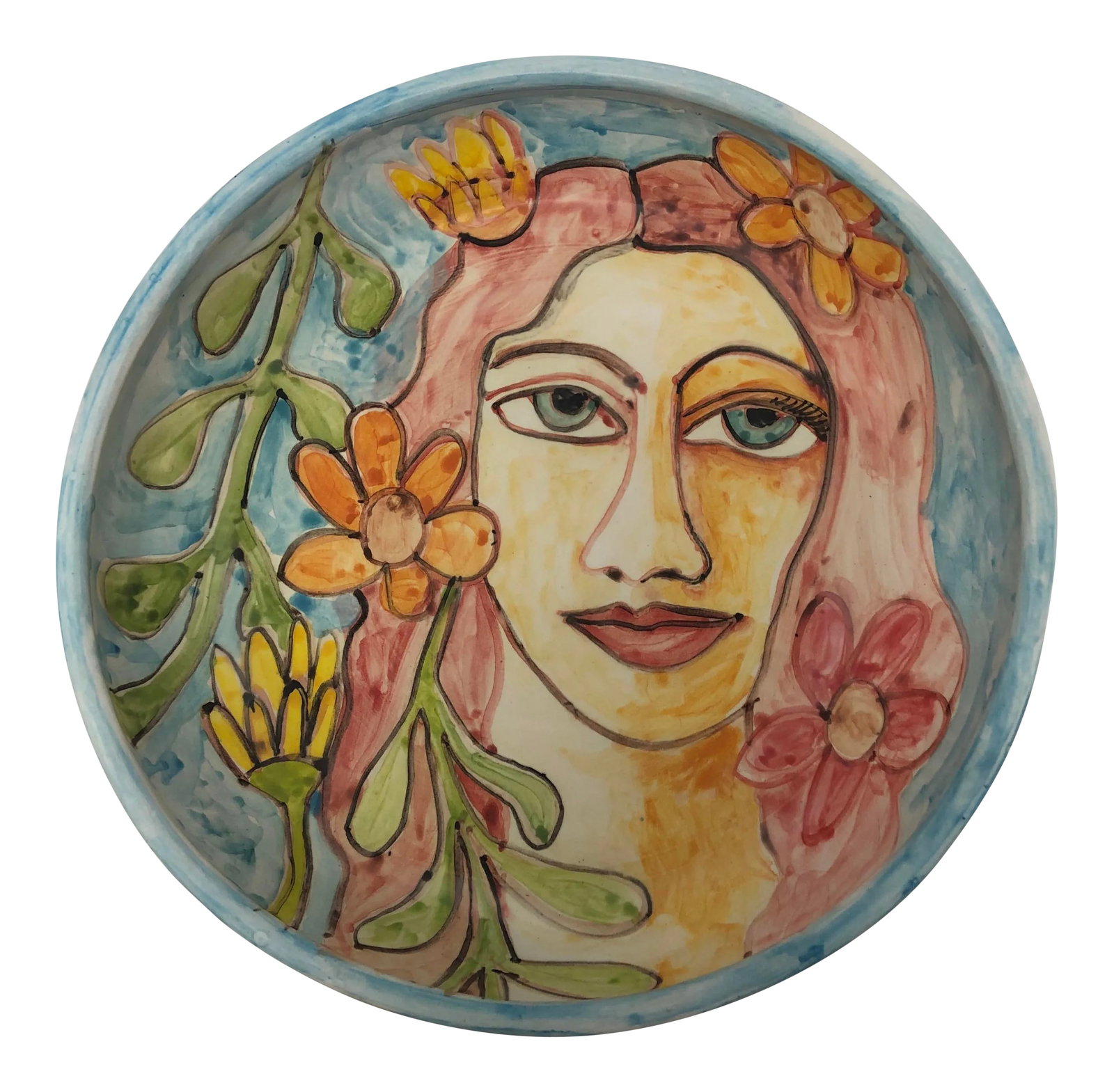 Hand Painted Ceramic Bowl, "Flower Child": Hand painted ceramic bowl, the item is painted with glaze and can be used as a functional item if desired, not just decorative. Beautiful portrait of a red haired woman with blue eyes surrounded by