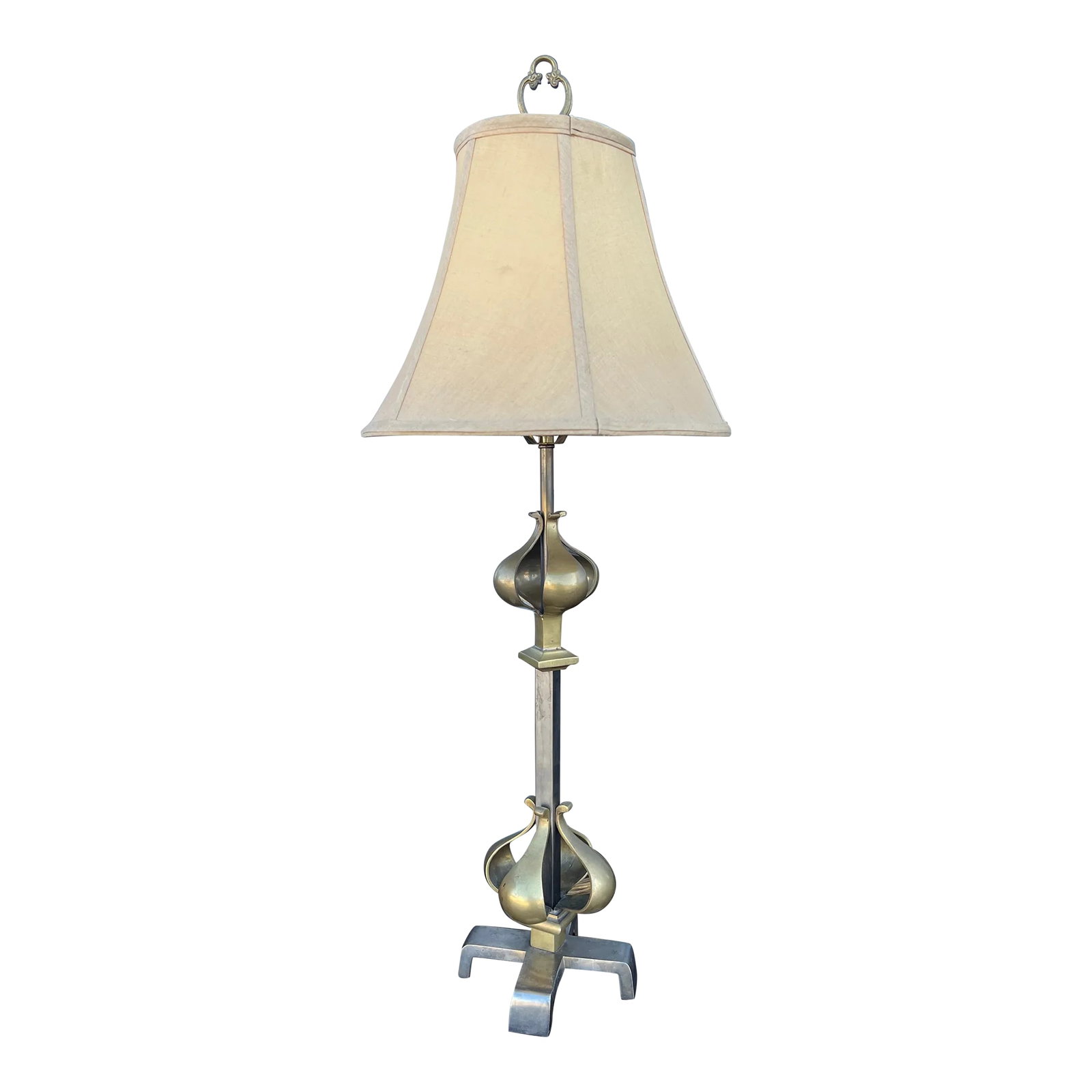 1970s John-Richard Style Lamp: John-Richard Style lamp in a Brass and Metal Combo.Harp removed for shipping with harp and finial add a total of 10 inches to height . Condition: Alterations: Original Condition Unaltered Imperfection