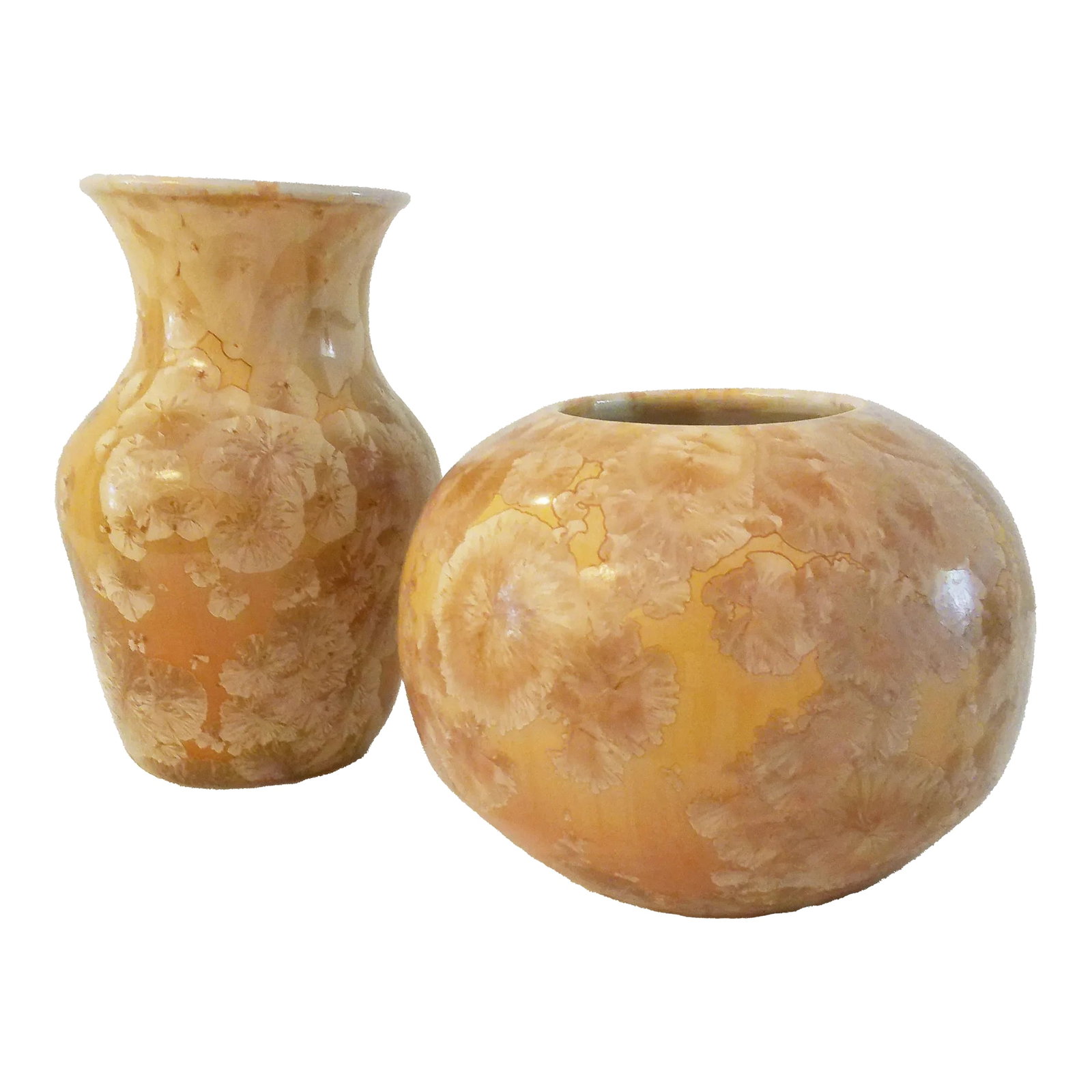 Vintage Studio Art Iridescent Pottery Vases, a Pair: Lovely vintage pair of studio art pottery vases in shades of tan with a beautiful iridescent finish. Excellent condition. Dimensions: short vase 4.5"H x 5"Dia; tall vase, 6.25"H x 4"Dia Condition: