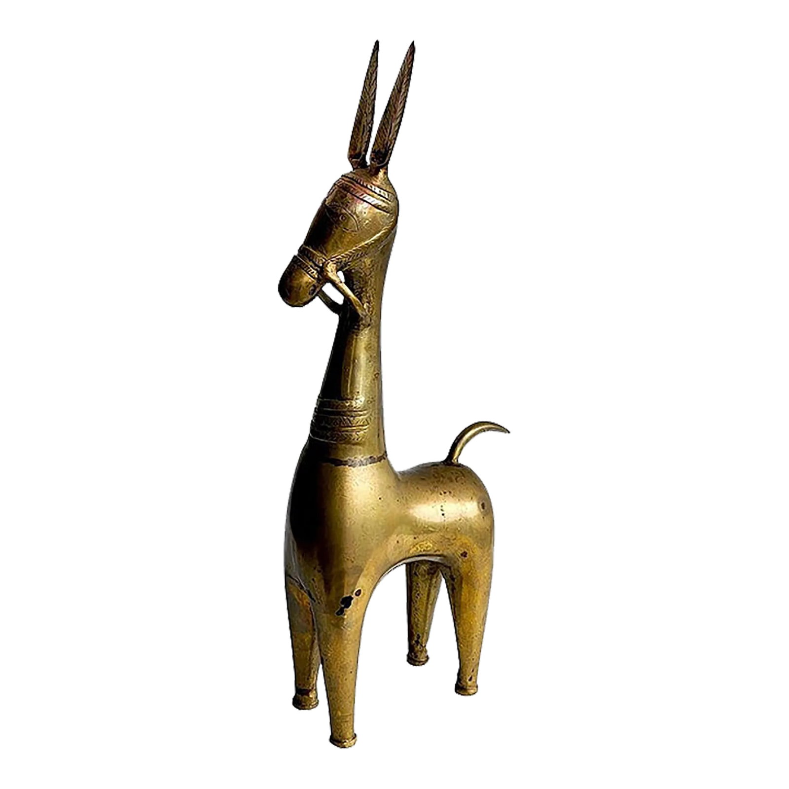 Vintage 21" Brass Horse Table Sculpture: Offered is a large and stately ornamental table sculpture in brass of a burro (the long ears), or a llama (the long neck and short body), or a South Central Asian Bukhara or Dhokra horse (the long str