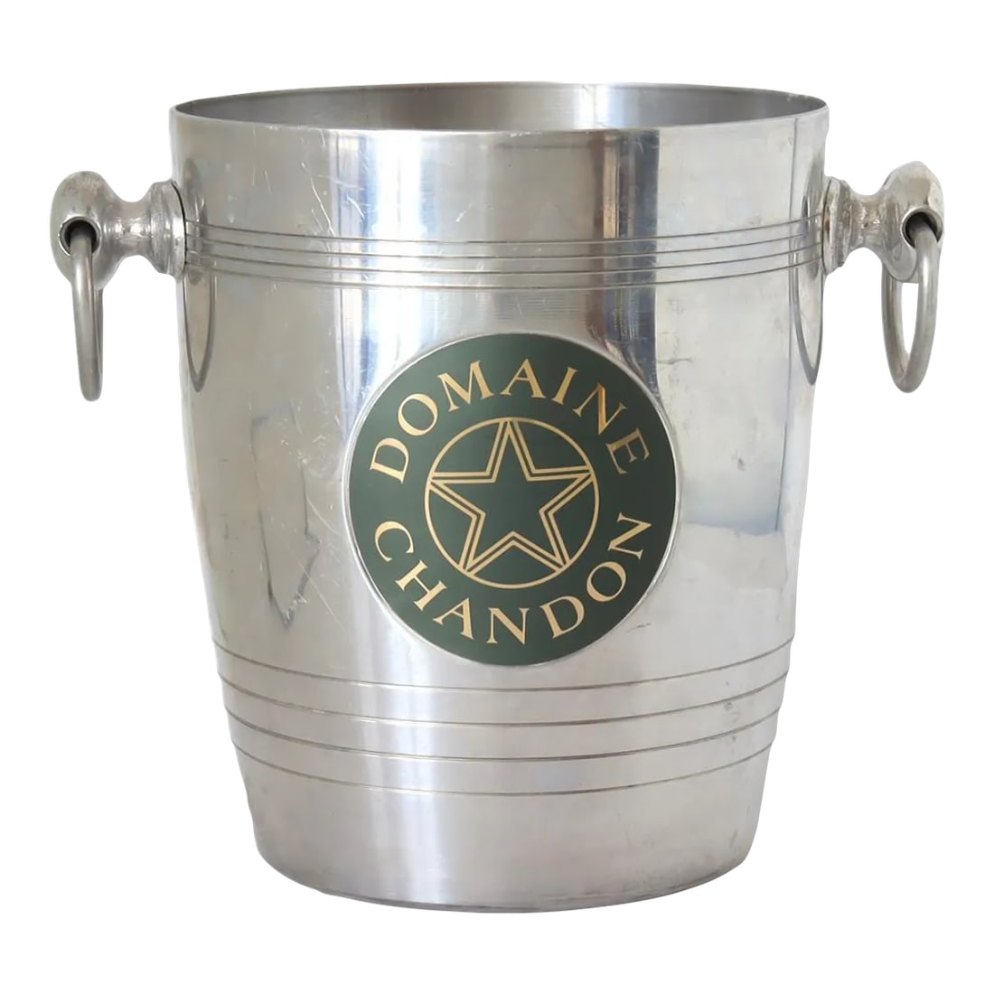 Mid 20th Century Domain Chandon Champagne Bucket: Add a touch of vintage glamour to your celebrations with this Domain Chandon champagne bucket. Crafted to hold your finest bubbly, this piece not only chills your champagne but also serves as a