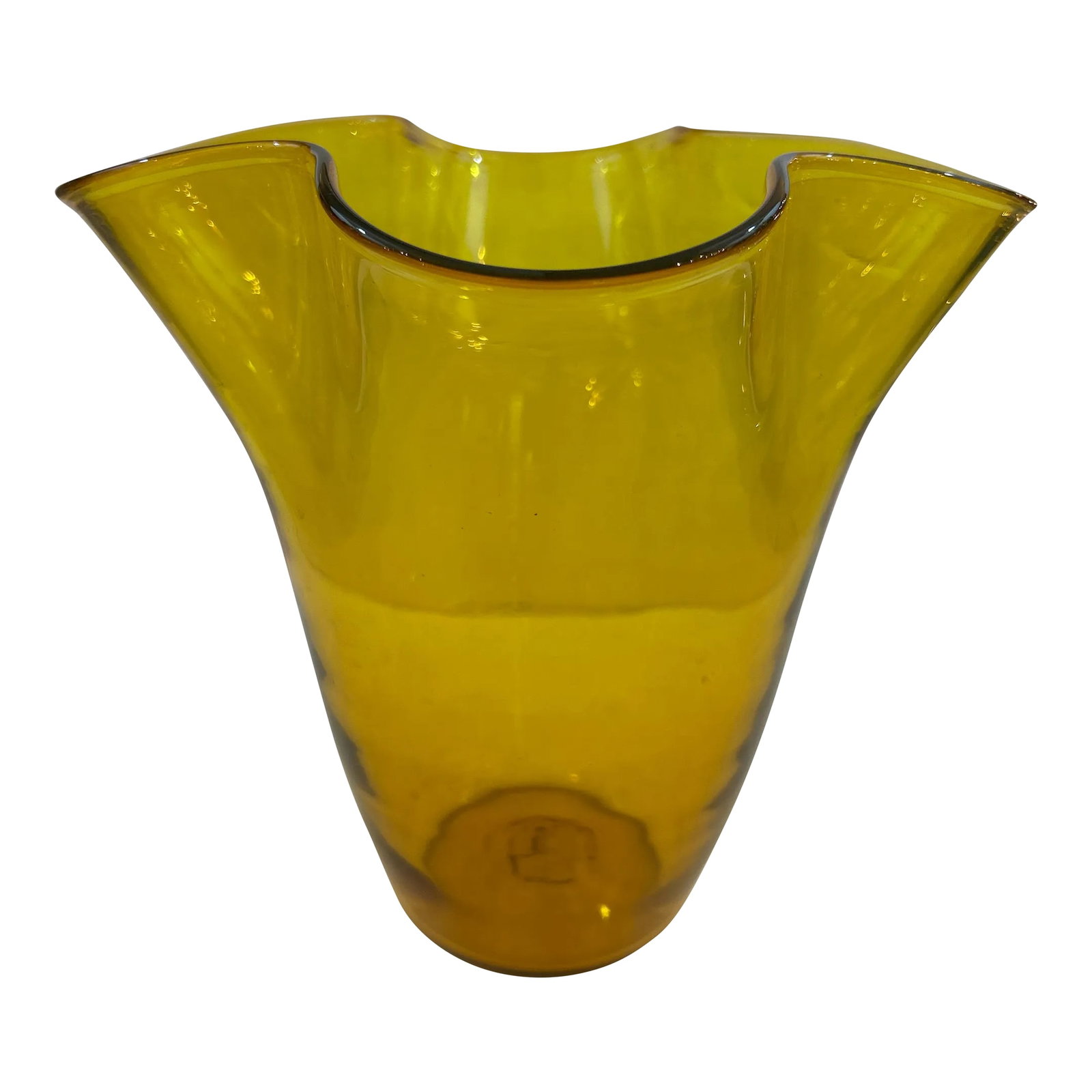 Vintage Blenko Handblown Scalloped Vase With Bubble Inclusions Signed: Vintage large sculptural handblown golden Blenko vase with bubble inclusions. Signed. Condition: Alterations: Original Condition Unaltered Imperfections: Some Imperfections Condition Notes: Perfect