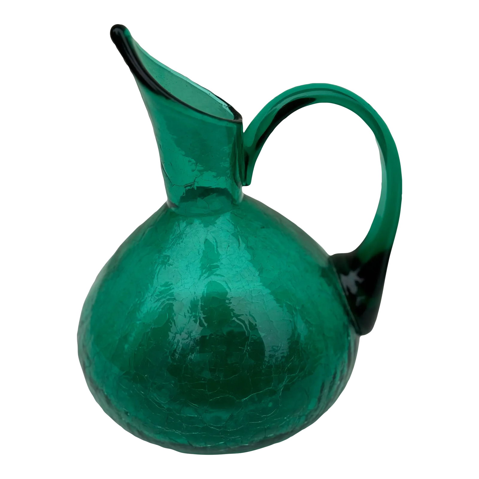 Art Glass Pitcher: 1950s Mid Century Emerald / Teal Glass Crackle Vase or Pitcher - Medium Sized: Gorgeous teal green crackle glass vase/ pitcher with perfect glass handle Condition: Alterations: Original Condition Unaltered Imperfections: Some Imperfections Condition Notes: Excellent vintage