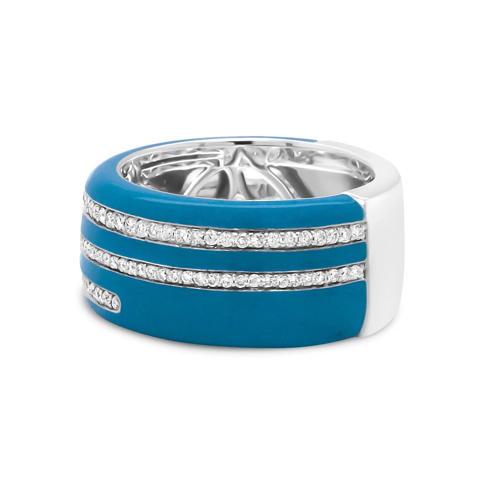 .925 Sterling Silver Turquoise Enamel 5/8 Cttw Round Diamond Wide Band Statement Ring (F-G Color, VS - 2