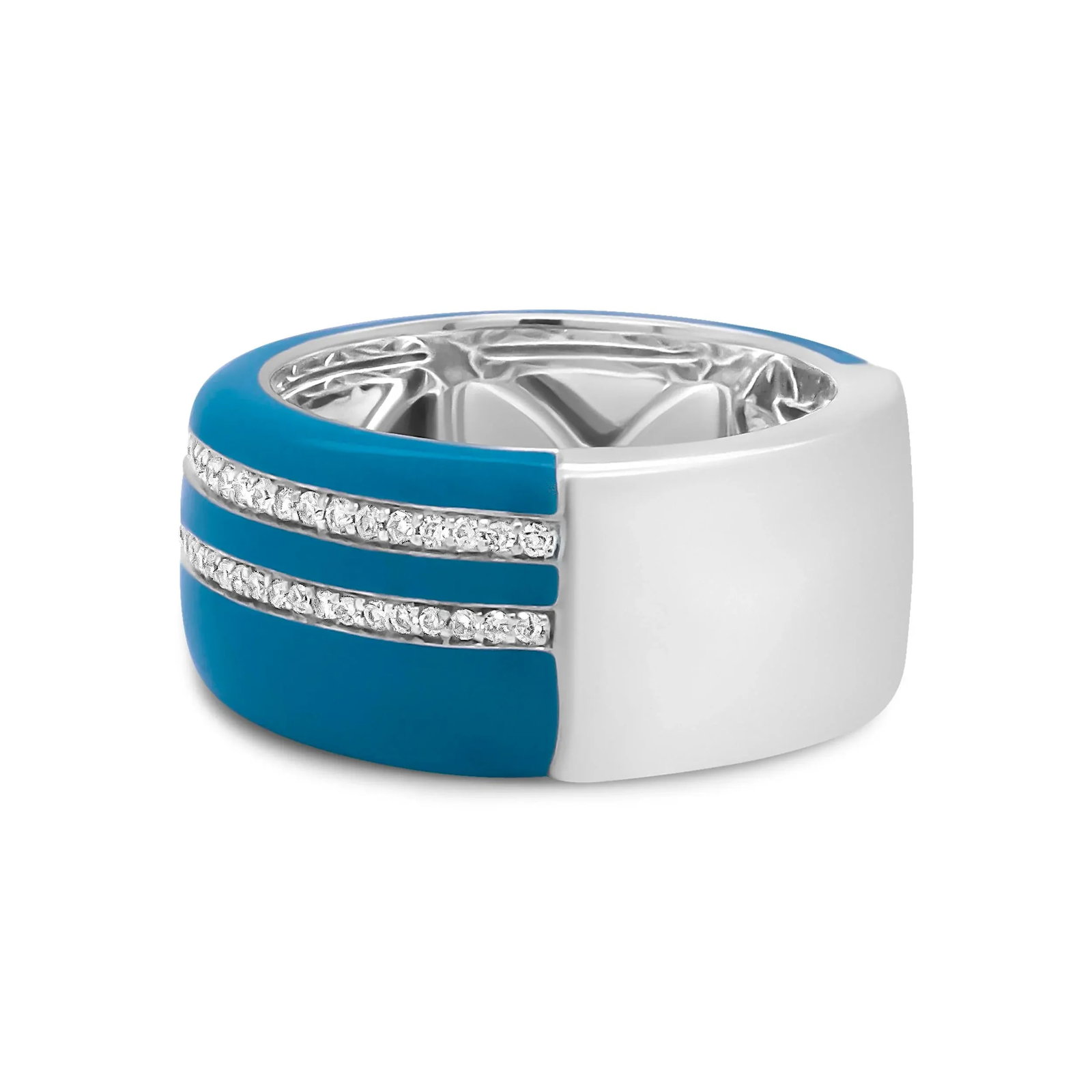 .925 Sterling Silver Turquoise Enamel 5/8 Cttw Round Diamond Wide Band Statement Ring (F-G Color, VS - 3
