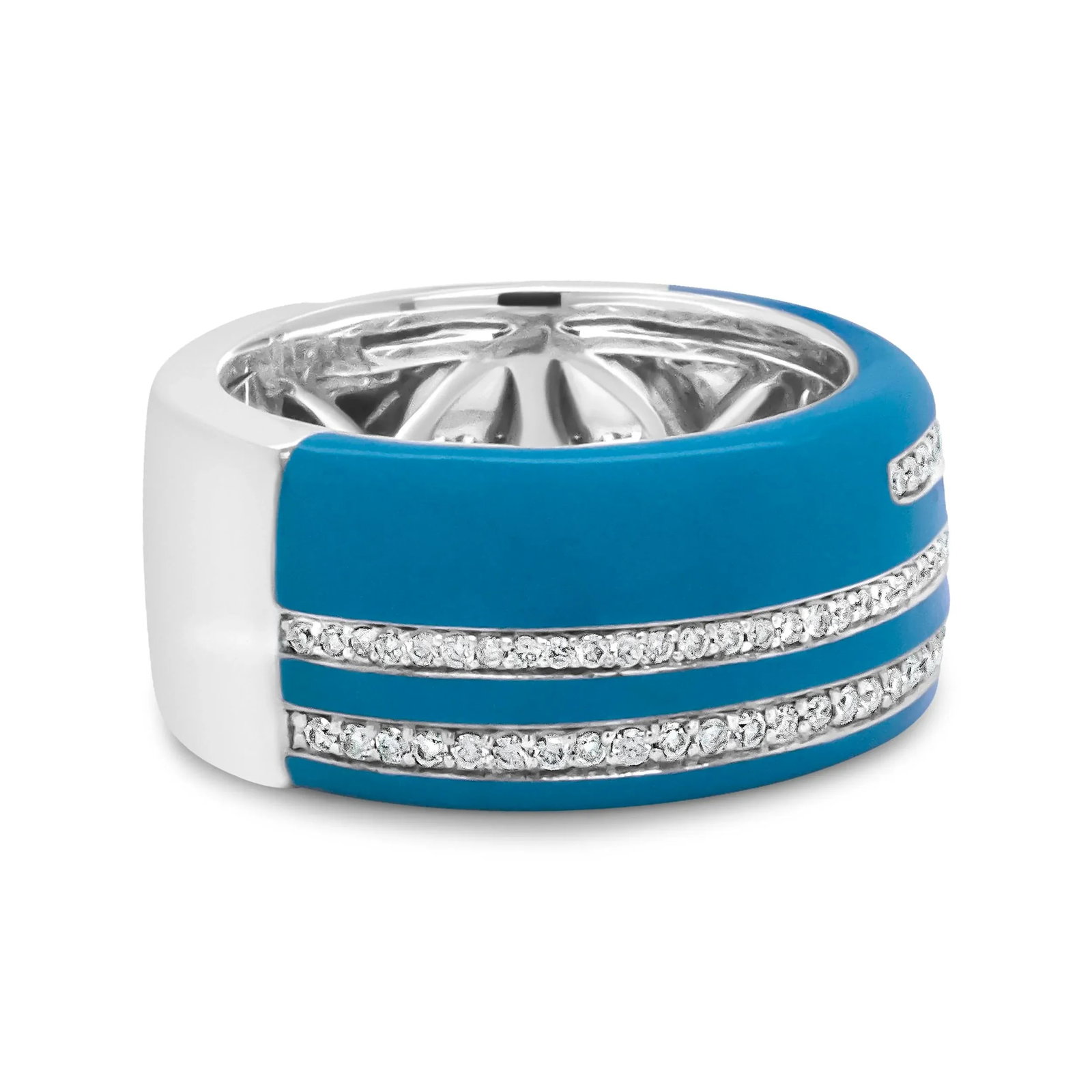 .925 Sterling Silver Turquoise Enamel 5/8 Cttw Round Diamond Wide Band Statement Ring (F-G Color, VS - 4