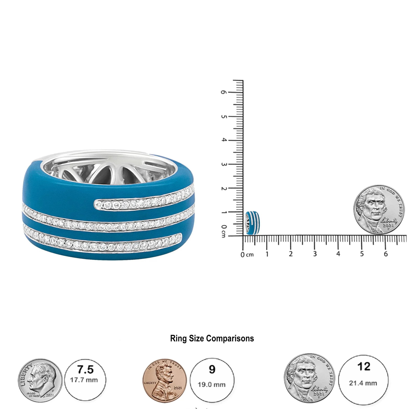 .925 Sterling Silver Turquoise Enamel 5/8 Cttw Round Diamond Wide Band Statement Ring (F-G Color, VS - 6
