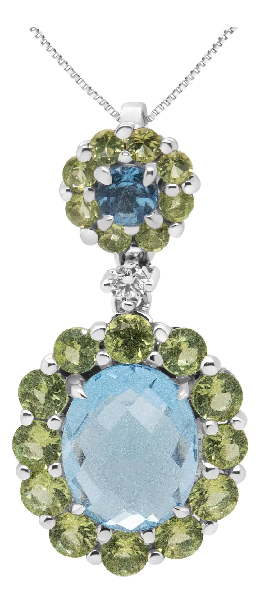 18k White Gold 0.05 Cttw Round Diamond and Blue Topaz and Green Peridot Gemstone Halo Drop 18" Penda: Elegant in its graceful drop design, this pendant necklace sparkles wildly with its collection of diamond and gemstones prong-set into polished 18k white gold. The bail features a center gemstone