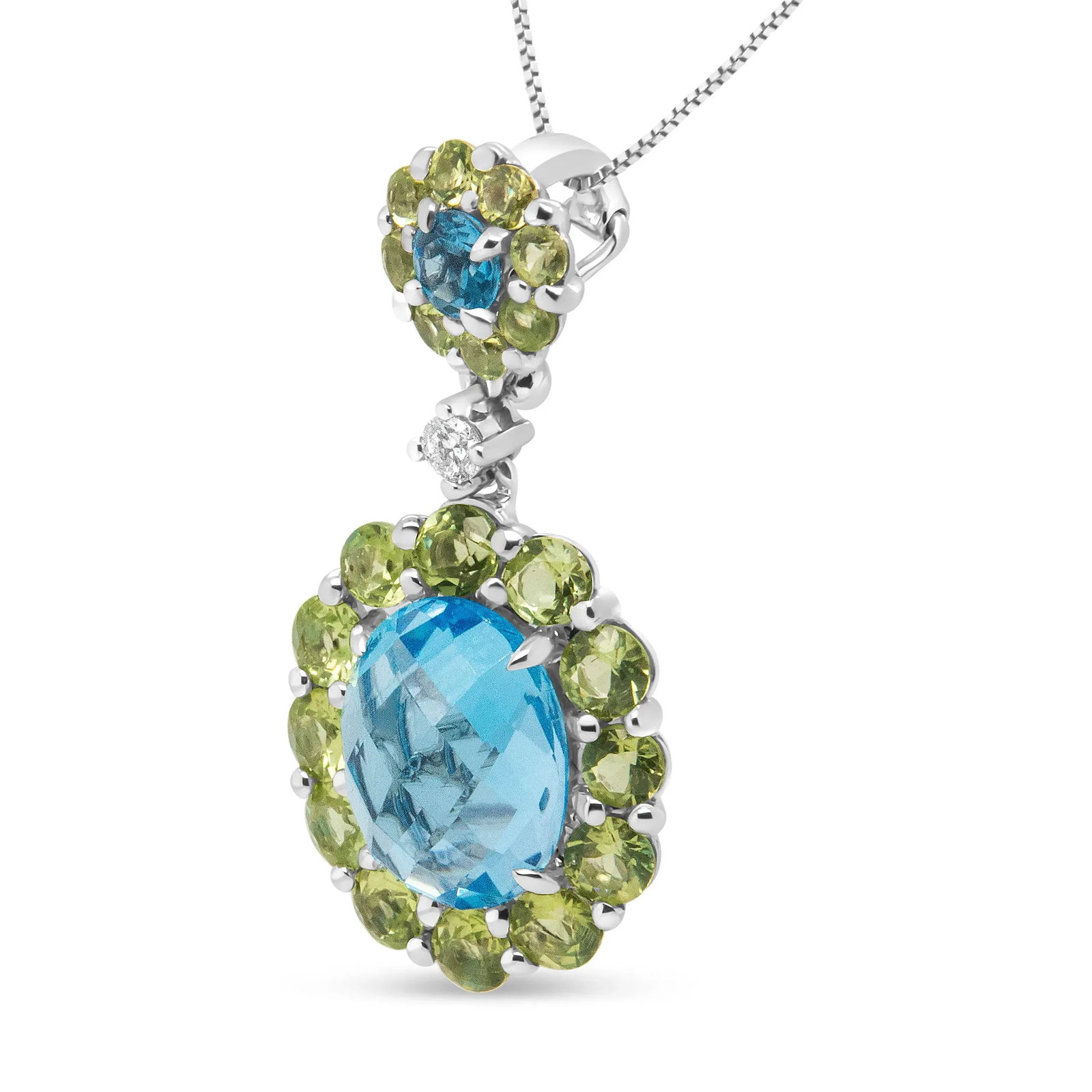 18k White Gold 0.05 Cttw Round Diamond and Blue Topaz and Green Peridot Gemstone Halo Drop 18" Penda - 2