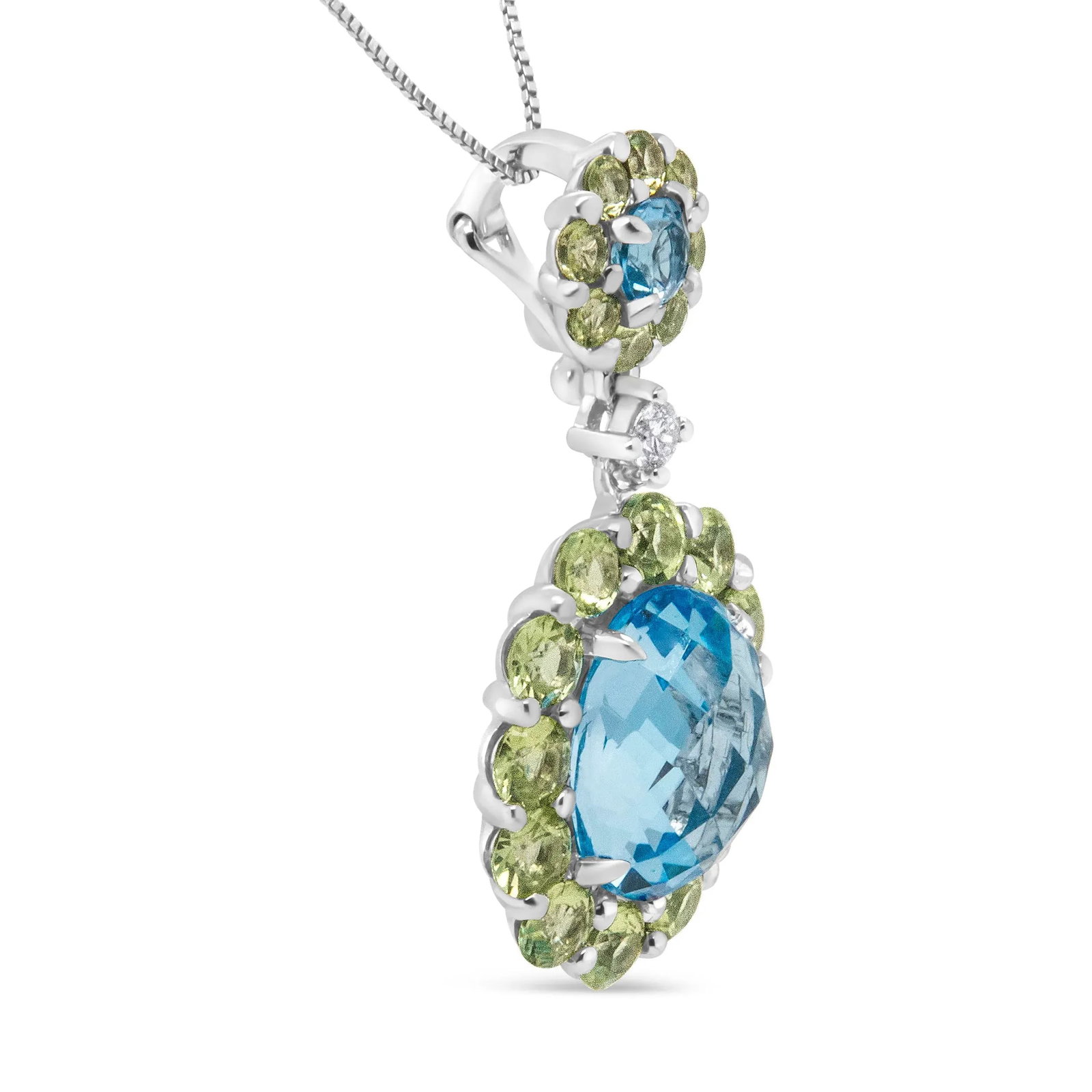 18k White Gold 0.05 Cttw Round Diamond and Blue Topaz and Green Peridot Gemstone Halo Drop 18" Penda - 3