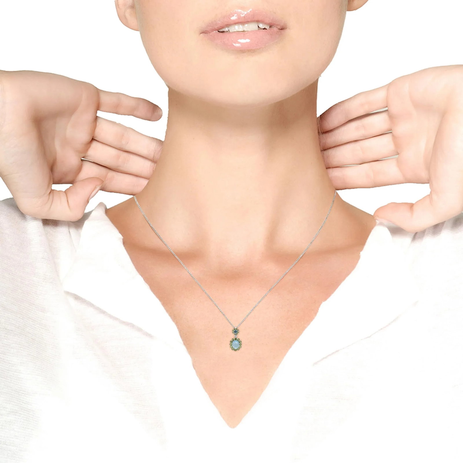 18k White Gold 0.05 Cttw Round Diamond and Blue Topaz and Green Peridot Gemstone Halo Drop 18" Penda - 5