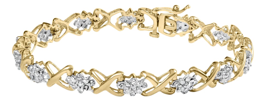 10k Yellow Gold 2.00 Cttw Diamond Cluster and Alternating "X" Link Bracelet (I-J Color, I3 Clarity): Indulge in the ultimate luxury with this stunning diamond cluster and alternating "X" link bracelet. Crafted from 10k yellow gold, this piece is a true statement of elegance and sophistication.
