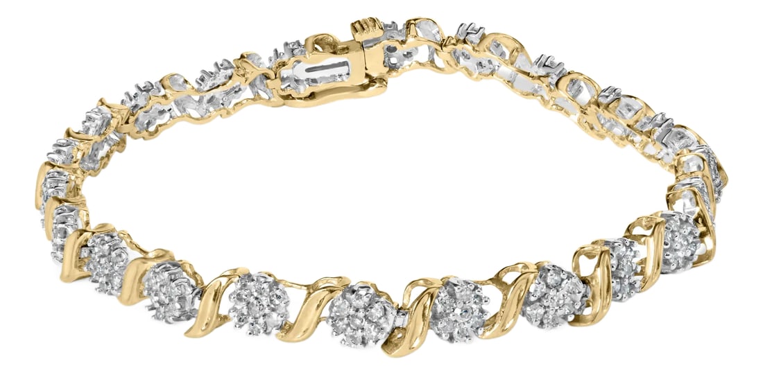 10K Yellow Gold 2.00 Cttw Round Cut Diamond 'S' Cluster Bracelet (J-K Color, I1-I2 Clarity): Introducing a dazzling masterpiece that will leave you breathless - a 10K Yellow Gold Diamond Floral S-Link Bracelet. Crafted with love and precision, this exquisite piece features a mesmerizing