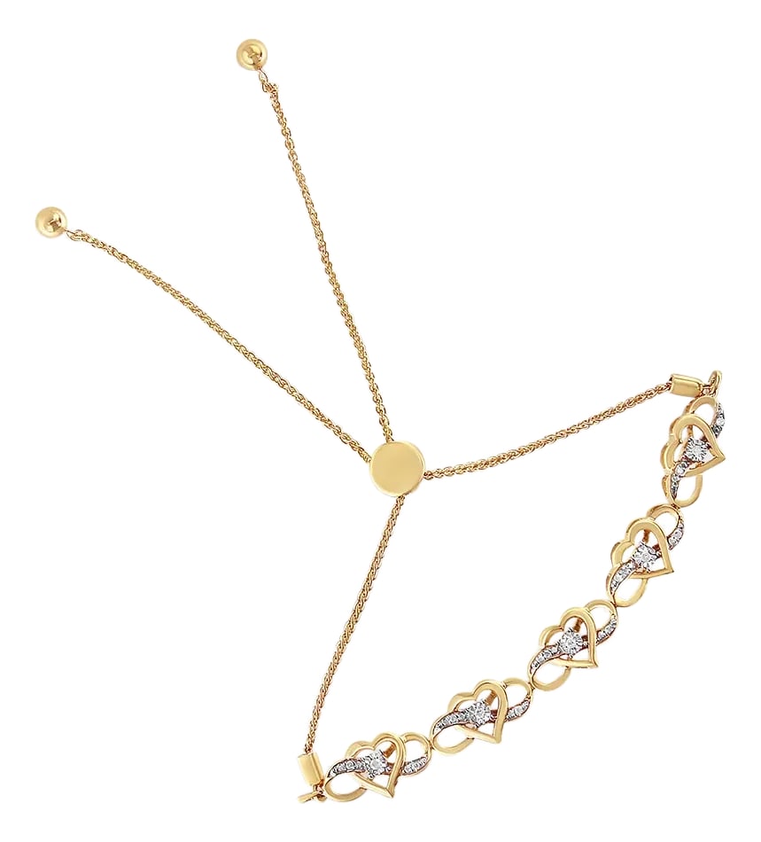 14K Yellow Gold Plated .925 Sterling Silver 1/10 Cttw Diamond Infinity Heart Shaped 4-10 Adjustable: This heartfelt diamond bolo bracelet features a meaningful symbolism of everlasting love in a repeating motif of infinity symbols interwoven with openwork heart shapes in 14K yellow gold plated .925