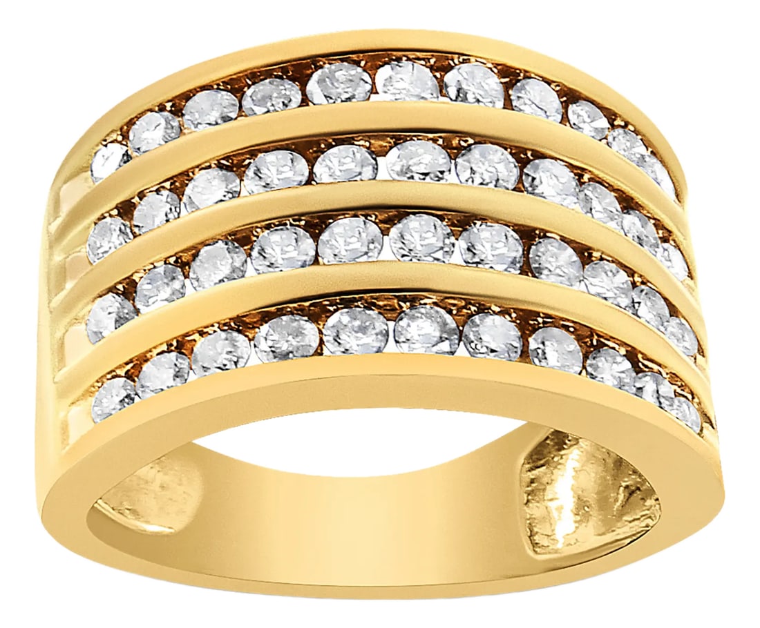 10K Yellow Gold Plated .925 Sterling Silver 1 1/2 Cttw Diamond 4 Row Channel Band Ring Size 7: A perfect addition to your everlasting jewelry collection, this 4 row band is crafted in genuine .925 sterling silver and plated with 10k yellow gold, a metal that will stay tarnish free for years to