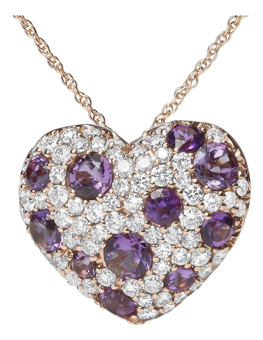 18K Rose Gold 3/4 Cttw Diamond and Purple Amethyst Cluster Heart Shape 18" Pendant Necklace (G-H Col: Let love and romance blossom in your life with this enchanting heart-shaped cluster pendant necklace made from genuine 18k rose gold. This dimensional heart-shape is encrusted with dazzling round,