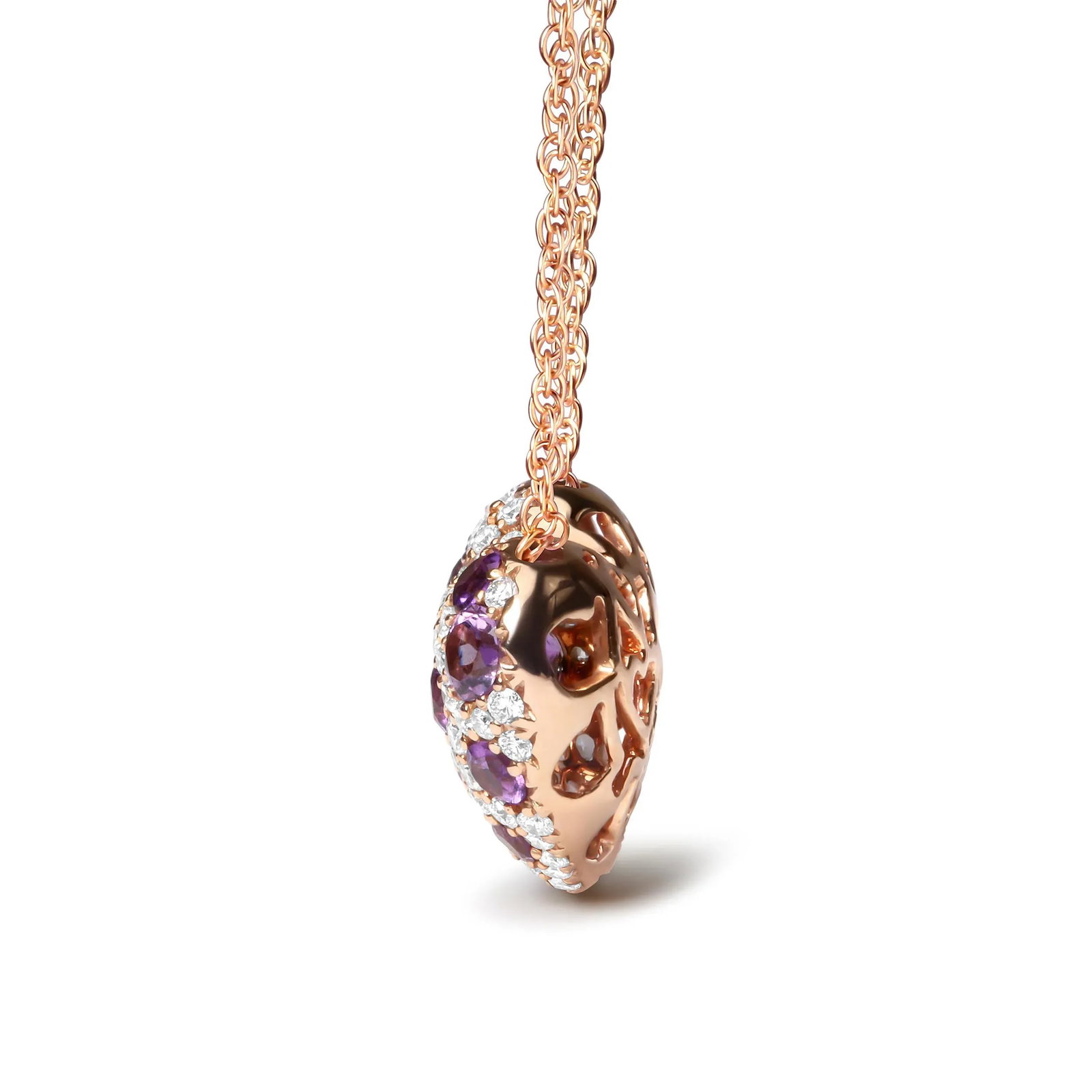 18K Rose Gold 3/4 Cttw Diamond and Purple Amethyst Cluster Heart Shape 18" Pendant Necklace (G-H Col - 2