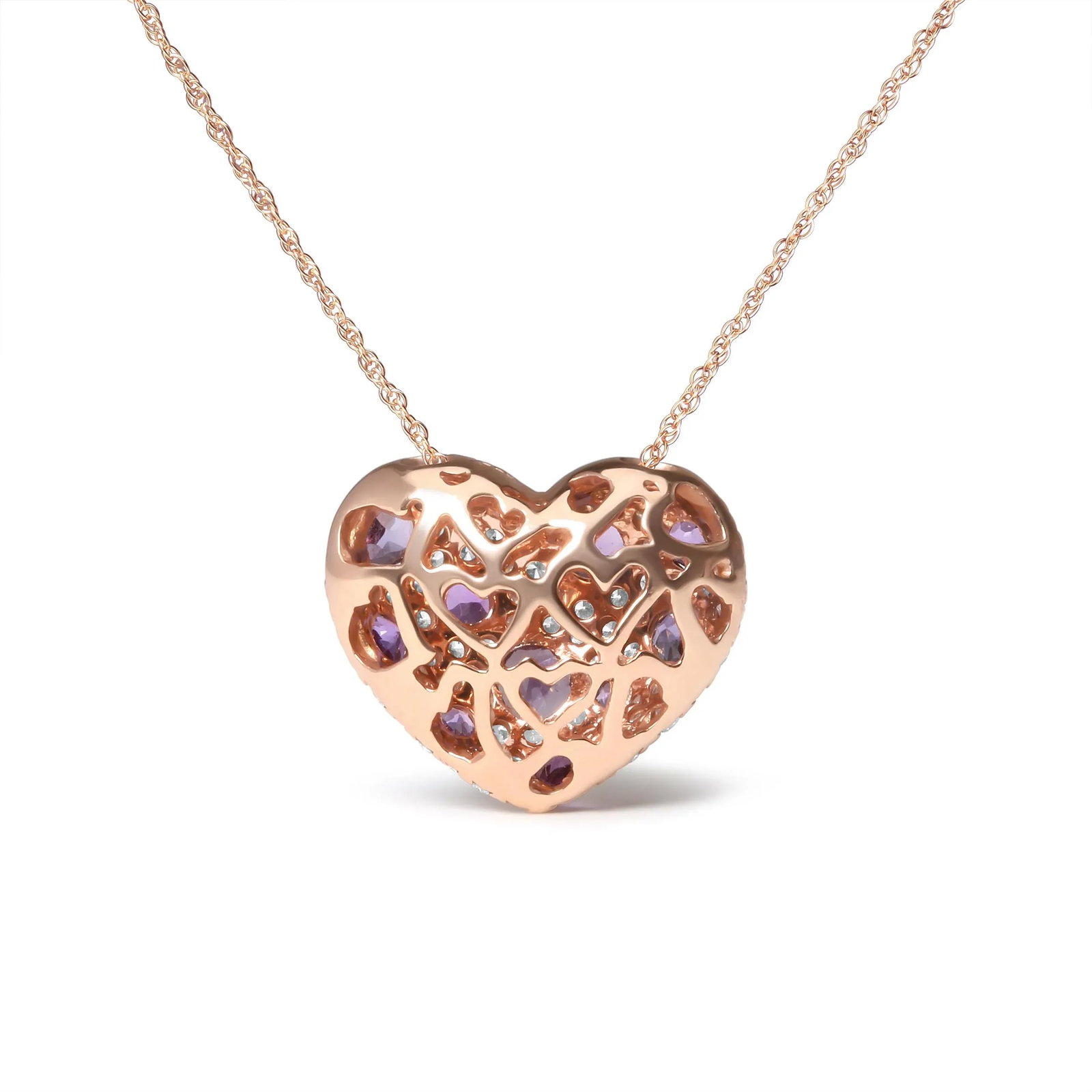 18K Rose Gold 3/4 Cttw Diamond and Purple Amethyst Cluster Heart Shape 18" Pendant Necklace (G-H Col - 3
