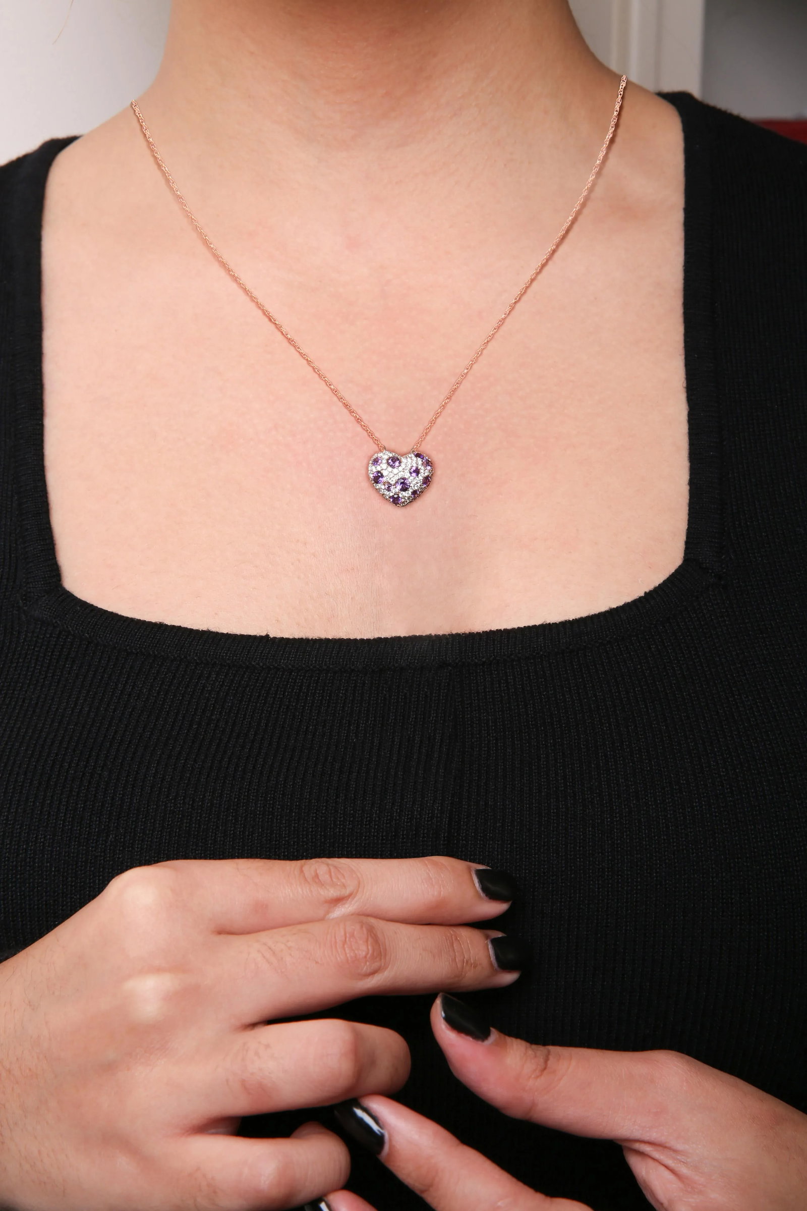 18K Rose Gold 3/4 Cttw Diamond and Purple Amethyst Cluster Heart Shape 18" Pendant Necklace (G-H Col - 5