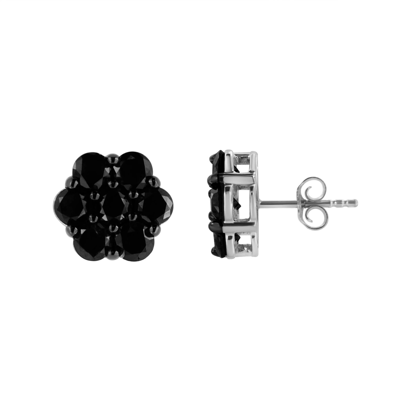 .925 Sterling Silver 2.0 Cttw Prong Set Round-Cut Treated Black Diamond Floral Cluster Stud Earring - 2