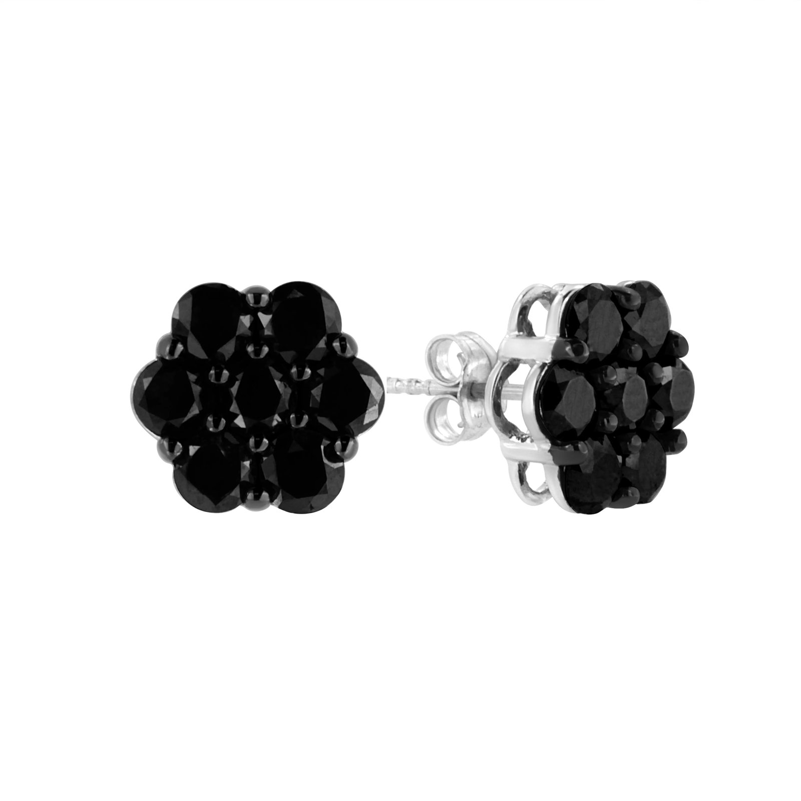.925 Sterling Silver 2.0 Cttw Prong Set Round-Cut Treated Black Diamond Floral Cluster Stud Earring - 3