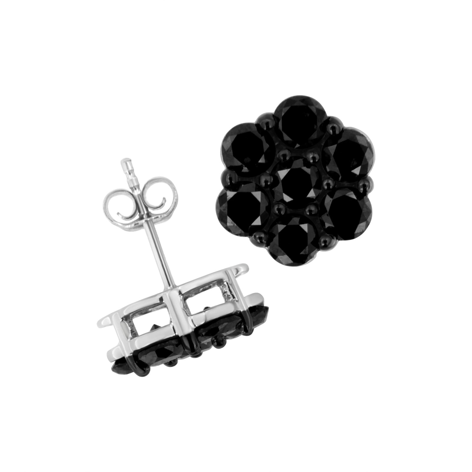 .925 Sterling Silver 2.0 Cttw Prong Set Round-Cut Treated Black Diamond Floral Cluster Stud Earring - 4