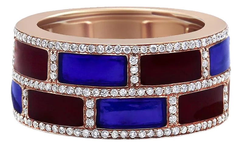18K Rose Gold Alternating Red and Blue Enamel and 1/2 Cttw Diamond Studded Band Ring (F-G Color, VS1: Bold, bright and beautiful! This contemporary diamond and enamel ring is hand-crafted in Thailand and is truly a one-of-a-kind treasure. This band is crafted from warm 18k rose gold featuring