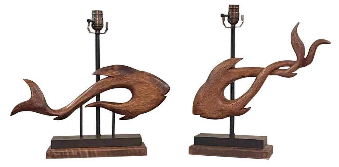 Mid-Century Wooden Fish Sculptural Lamps - a Pair: Beautifully carved wooden fish sculptures refashioned into lamps. Wiring has been certified as in excellent working condition. Photo 11 included to give an idea of possible lampshade, and lampshade is