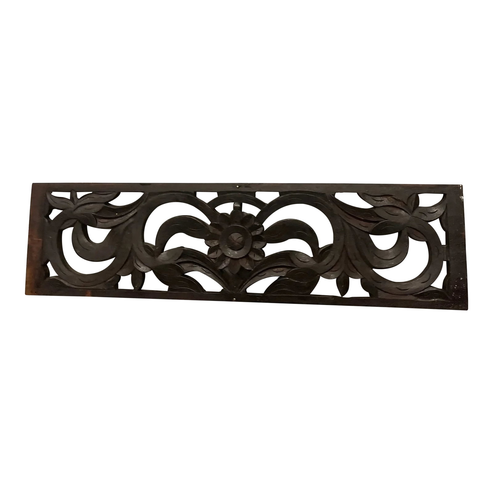 Carved Wood Panel: Hand carved wood rectangular fragment. Scrolled Foliate design with a central flower. Condition: Alterations: Original Condition Unaltered Imperfections: Some Imperfections Condition Notes: Good