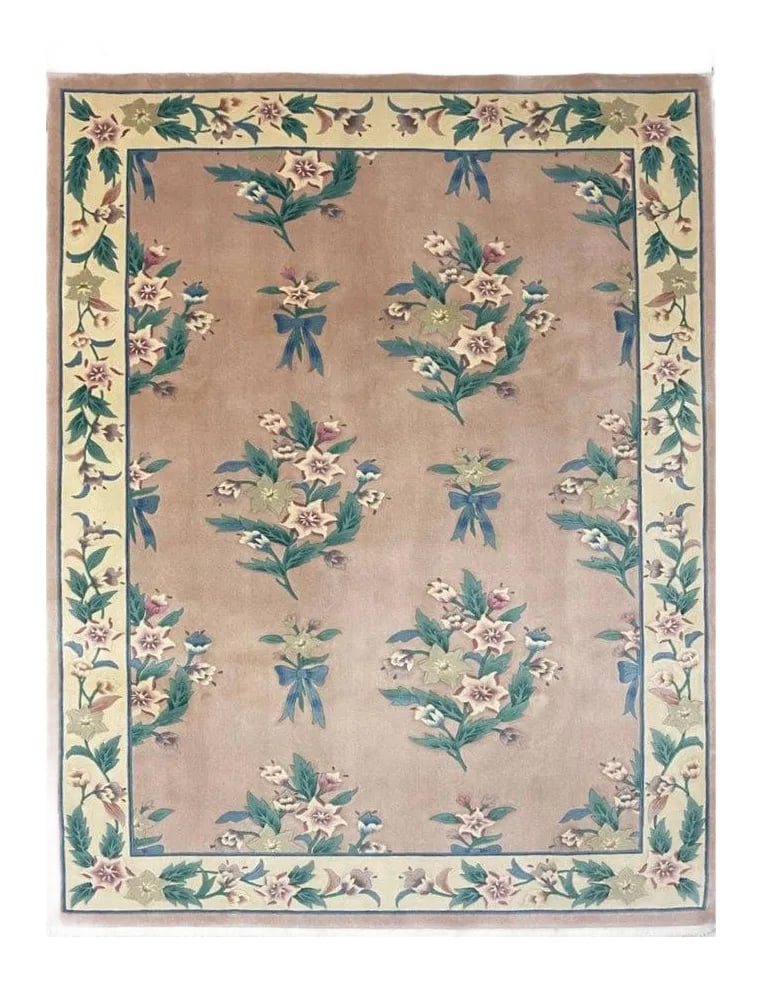 1990s Handwoven Chinese Floral Area Rug 6x9: Exact Size: 5'9" x 8'9" Color: Natural Age: New Materials: Wool Construction: Hand Knotted Origin: China Condition: Imperfections: No Imperfections Condition Notes: Excellent condition, never used (It