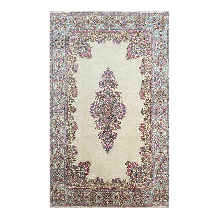 1970s Old Persian Kerman Area Rug 6x9: Elevate your Dallas home decor with the allure of a 6x9 Old Persian Kerman rug, boasting intricate designs and rich cultural heritage. Condition: Alterations: Original Condition Unaltered Imperfection