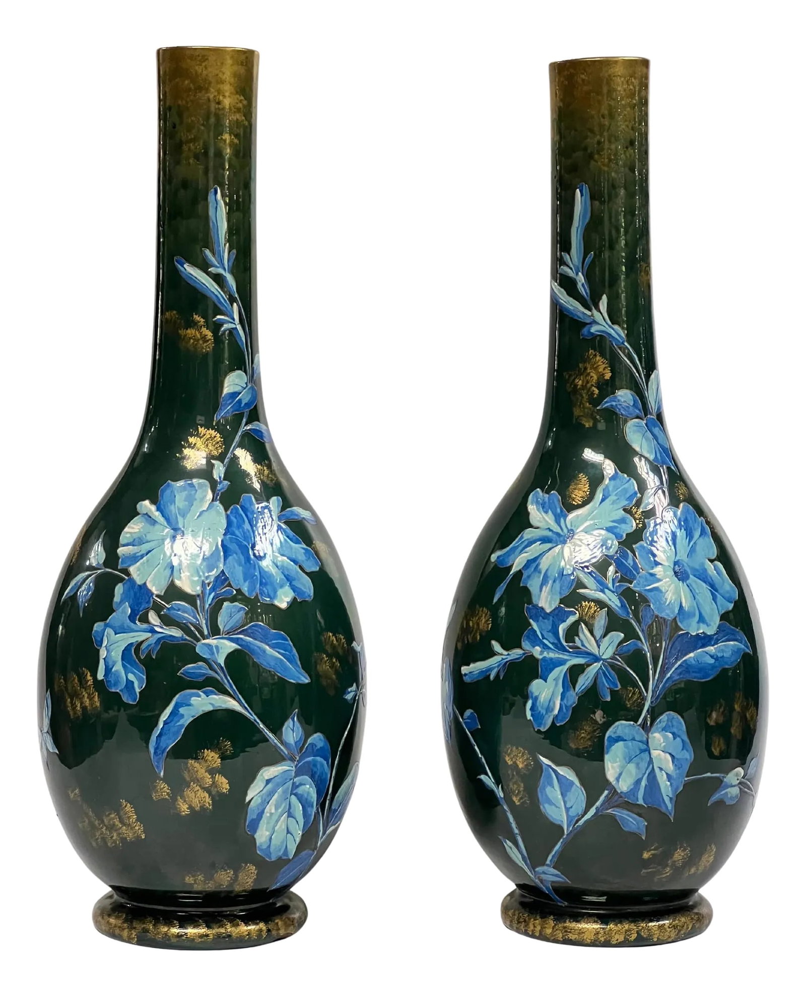 Large Antique Aesthetic Gilt and Floral Painted Glazed Ceramic Vases - A Pair: Lovely pair of large, 25 3/4 inch tall, antique ceramic vases in the Aesthetic style with hand-painted blue primose flowers in full bloom, butterflies and gilt accents on a green glazed ground. Unsign