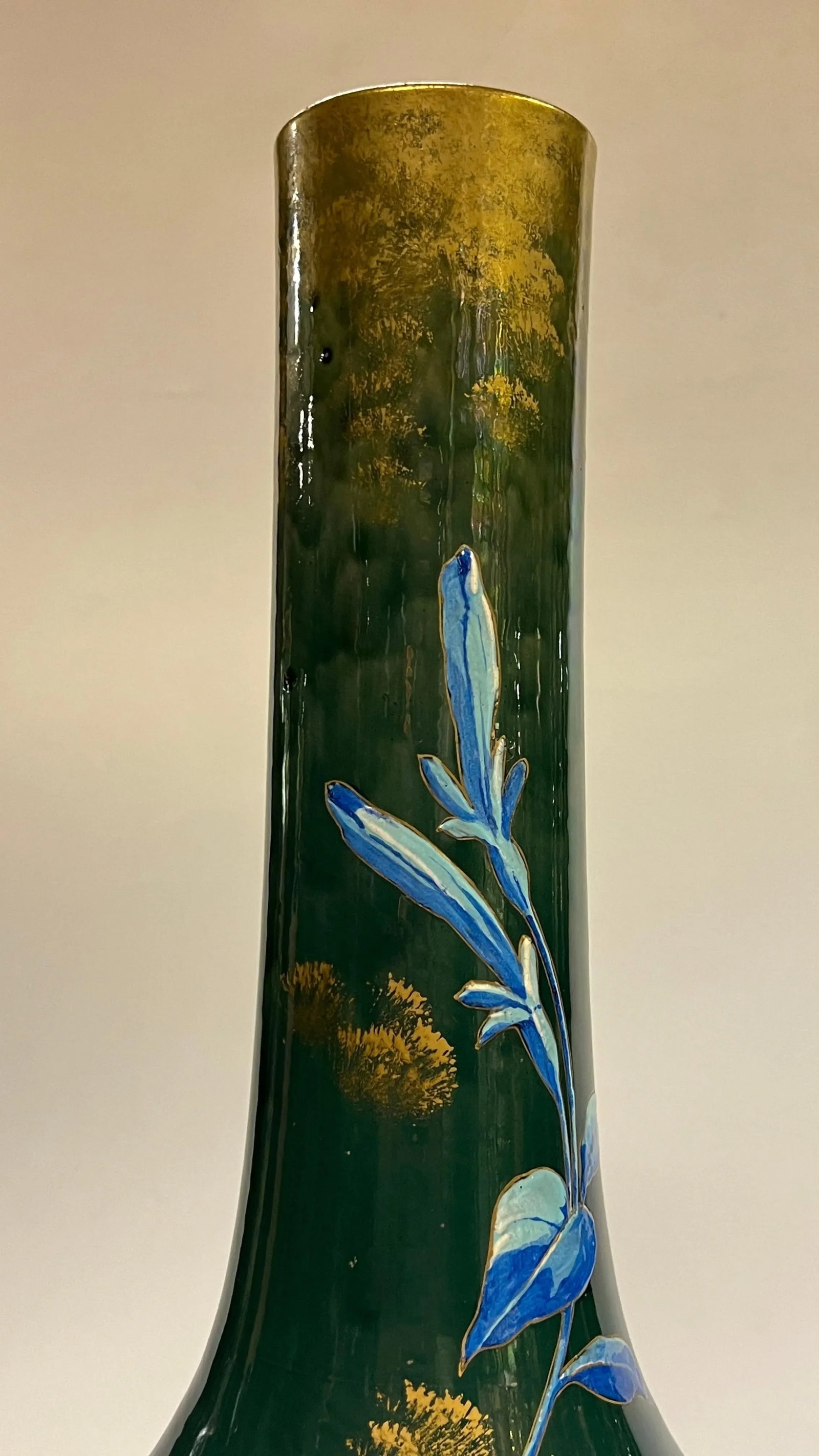 Large Antique Aesthetic Gilt and Floral Painted Glazed Ceramic Vases - A Pair - 2