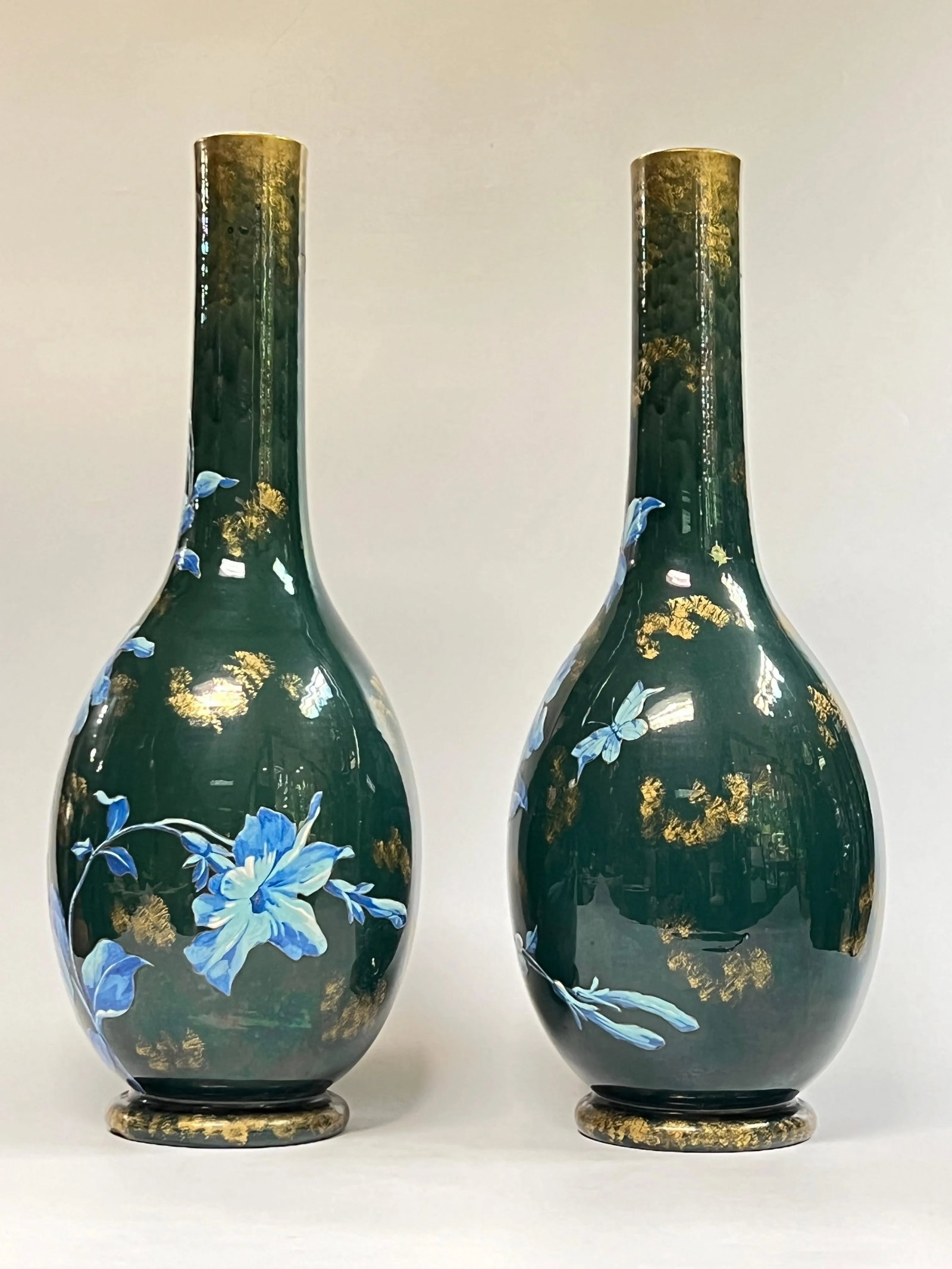 Large Antique Aesthetic Gilt and Floral Painted Glazed Ceramic Vases - A Pair - 3