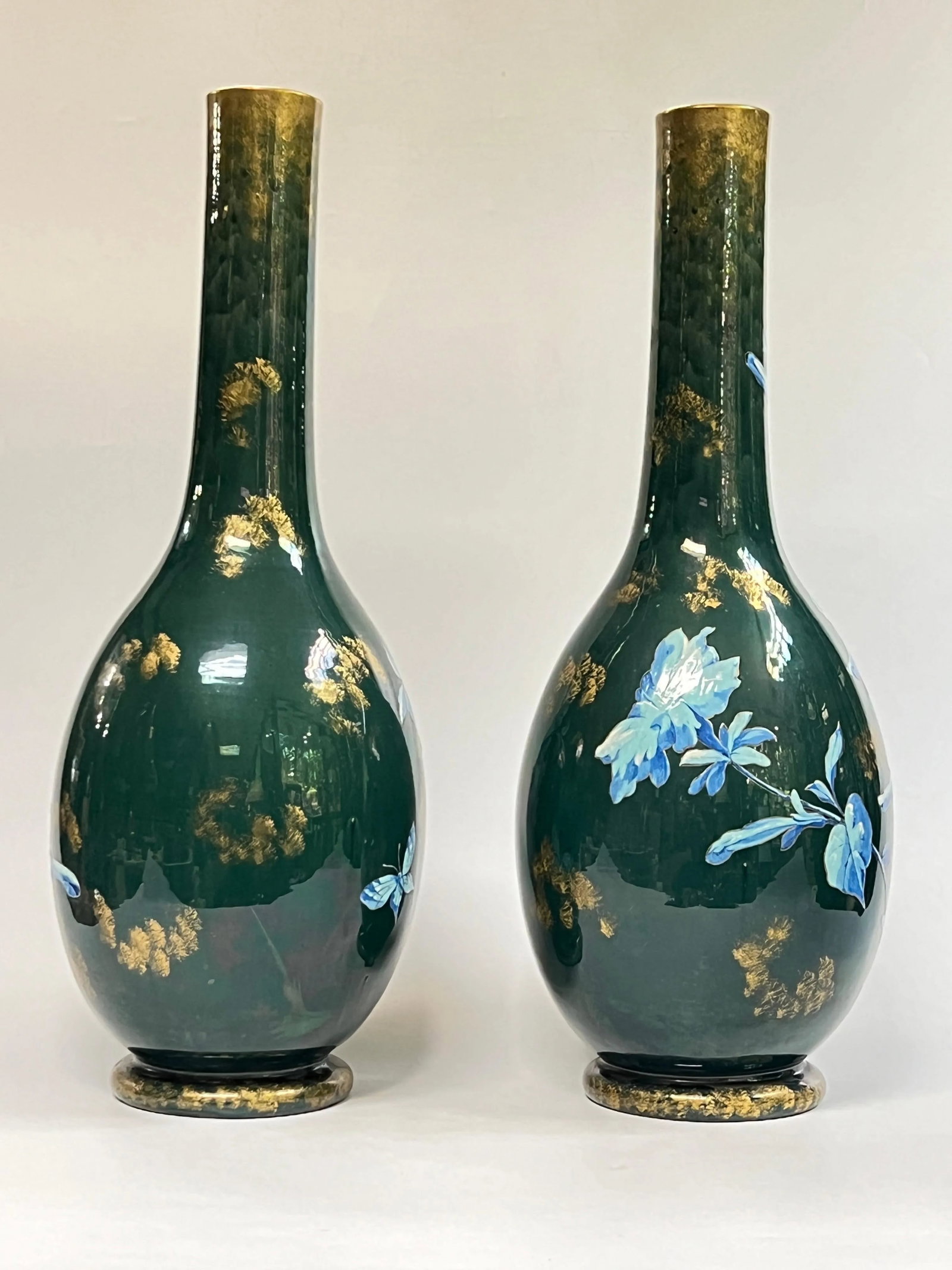 Large Antique Aesthetic Gilt and Floral Painted Glazed Ceramic Vases - A Pair - 4