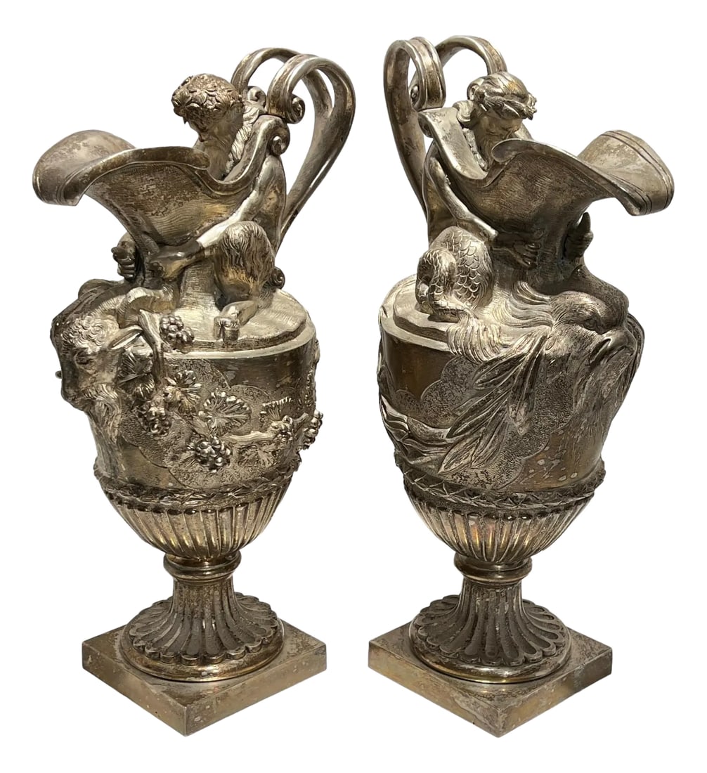19th Century French Silvered Bronze Ewer Form Vases in Louis XVI Style - A Pair (1 of 12)